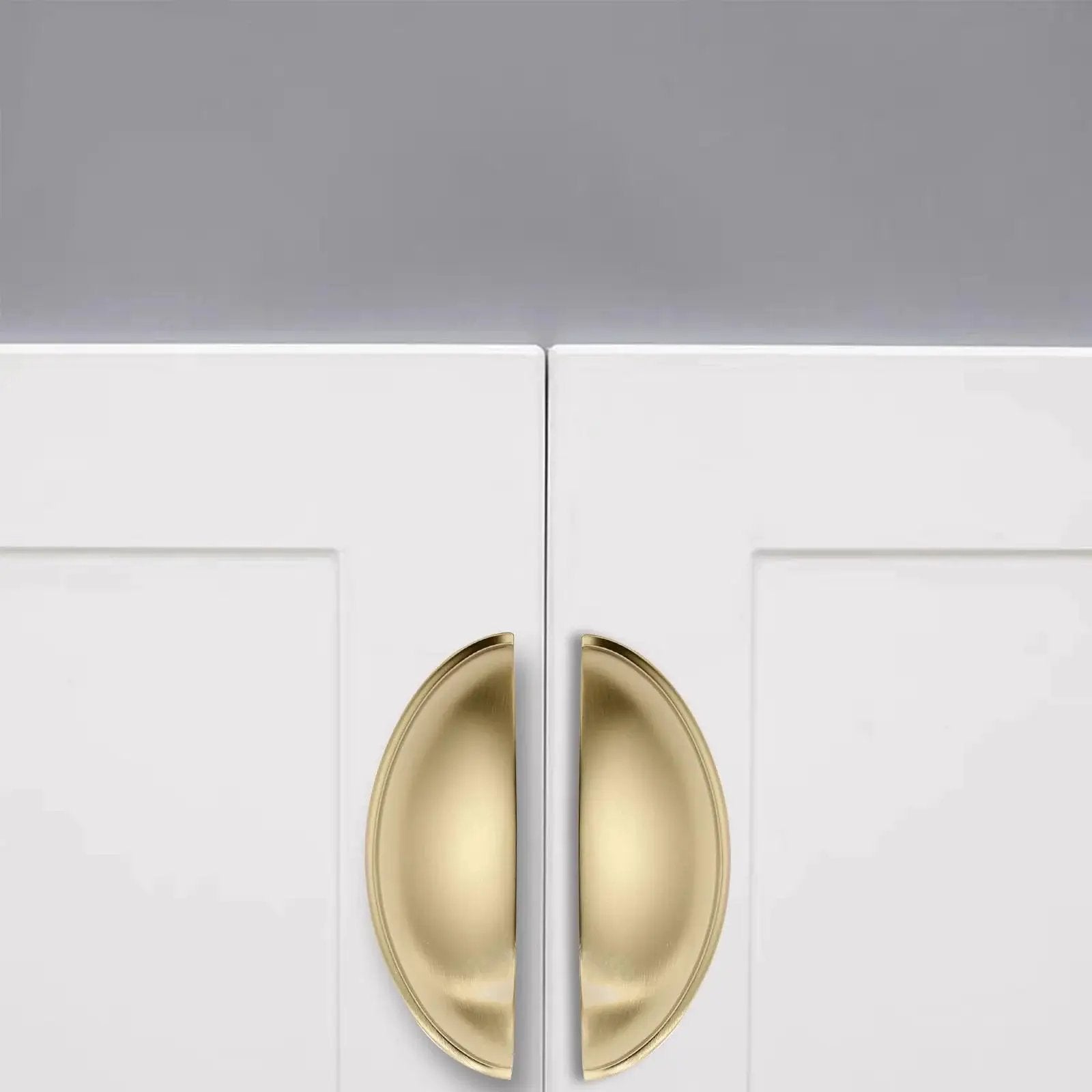 10 Pack 3 Inch Champagne Bronze Cup Drawer Pulls For Cabinets And Furniture Durable Solid Metal Kitchen Hardware installed on white cabinets