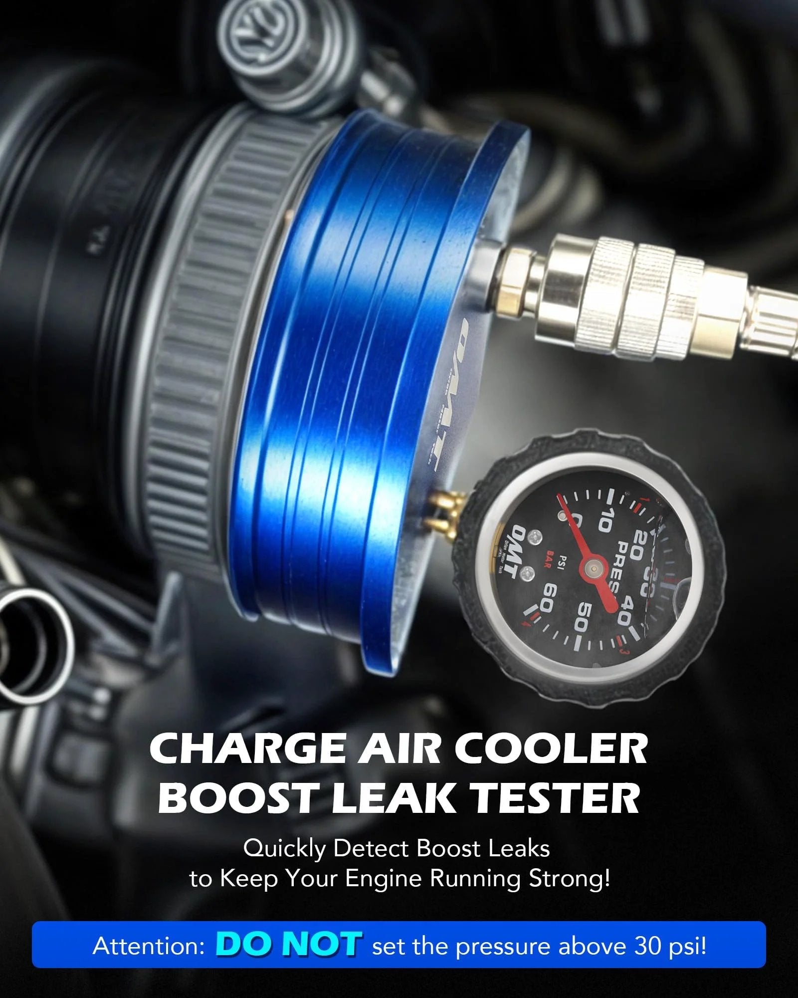 Charge Air Cooler CAC Leak Tester Kit With Billet End Caps In 4 In, 3.5 In, And 3 In Sizes Aluminum Pressure Tester close-up view with gauge.