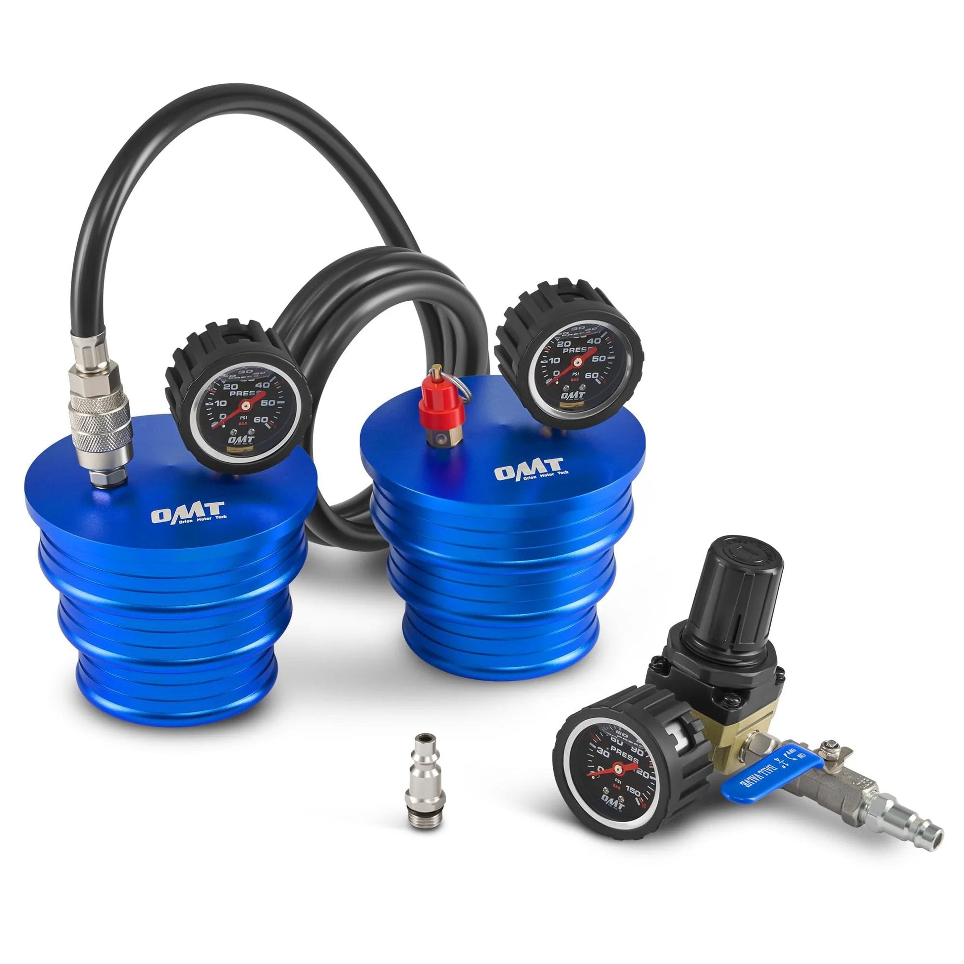 Charge Air Cooler CAC Leak Tester Kit With Billet End Caps In 4 In, 3.5 In, And 3 In Sizes aluminum testers with gauges and regulator.