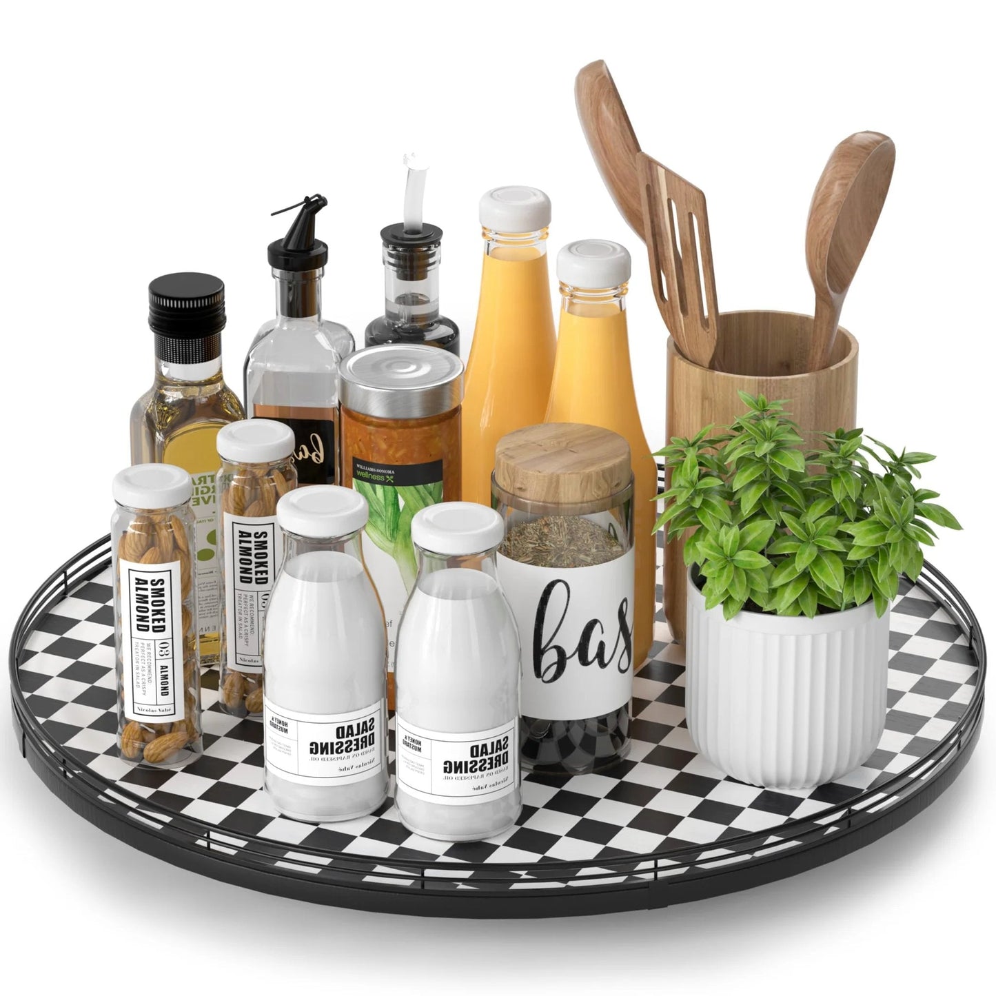 18 Inch Black And White Checkered Lazy Susan Turntable With Iron Frame Decorative Tray For Dining Table Centerpiece Kitchen Pantry Countertop Cupboard And Bathroom Home Decor Large Round For Serving And Storage