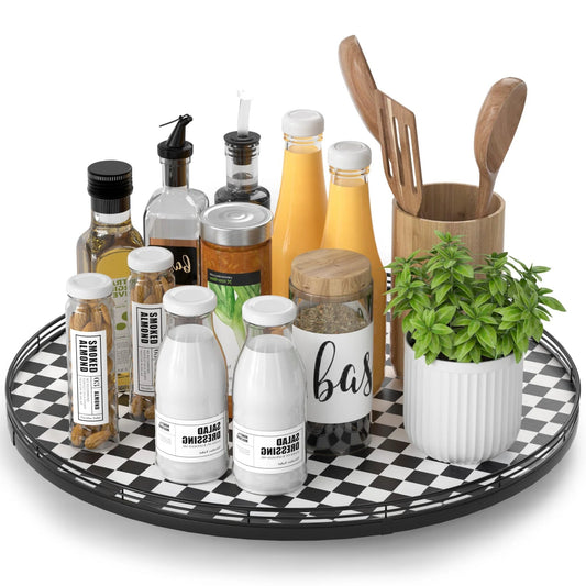 18 Inch Black And White Checkered Lazy Susan Turntable With Iron Frame Decorative Tray For Dining Table Centerpiece Kitchen Pantry Countertop Cupboard And Bathroom Home Decor Large Round For Serving And Storage
