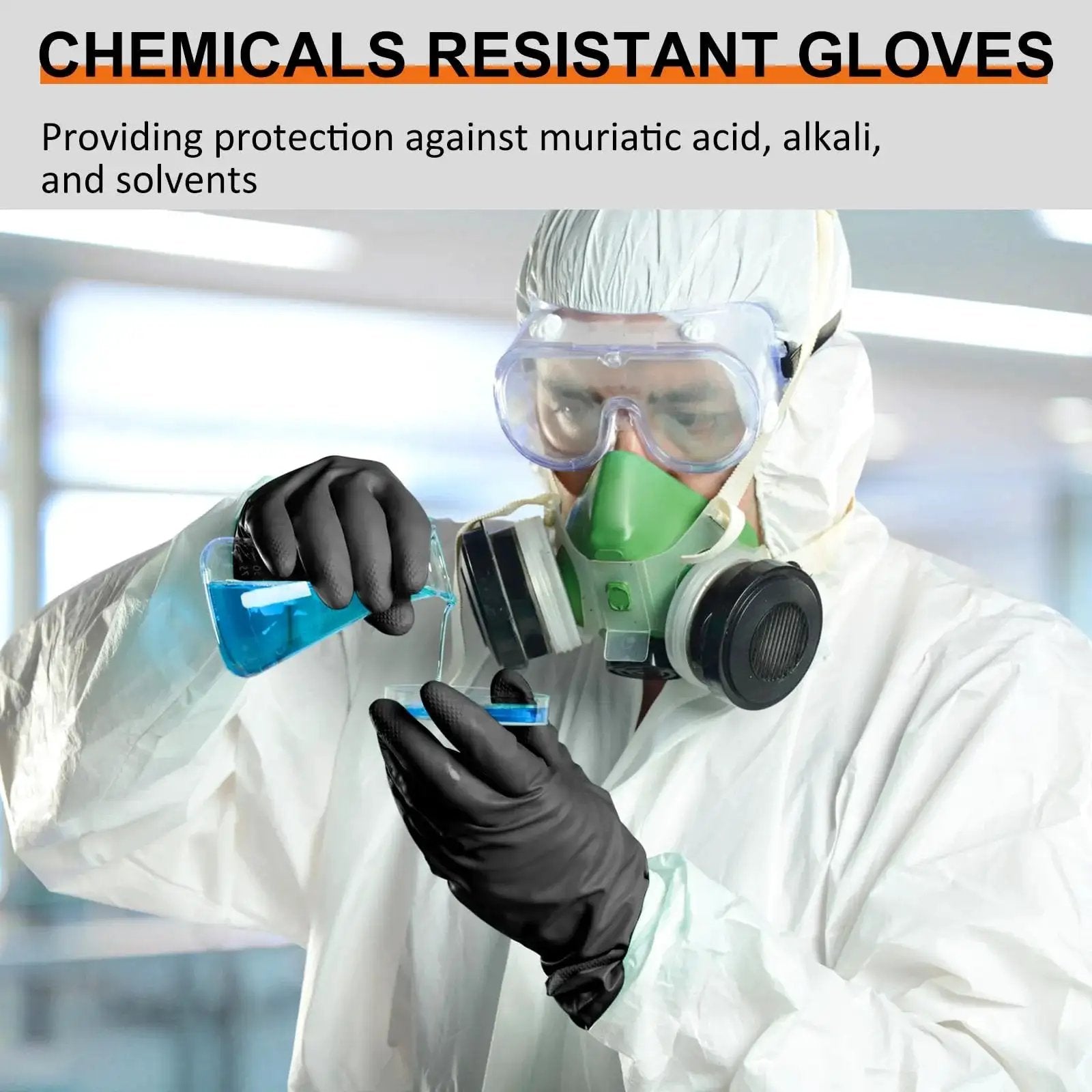 Scientist wearing Large Chemical Resistant Latex Gloves 10 Pairs Heavy Duty Dishwashing Gloves handling chemicals in lab