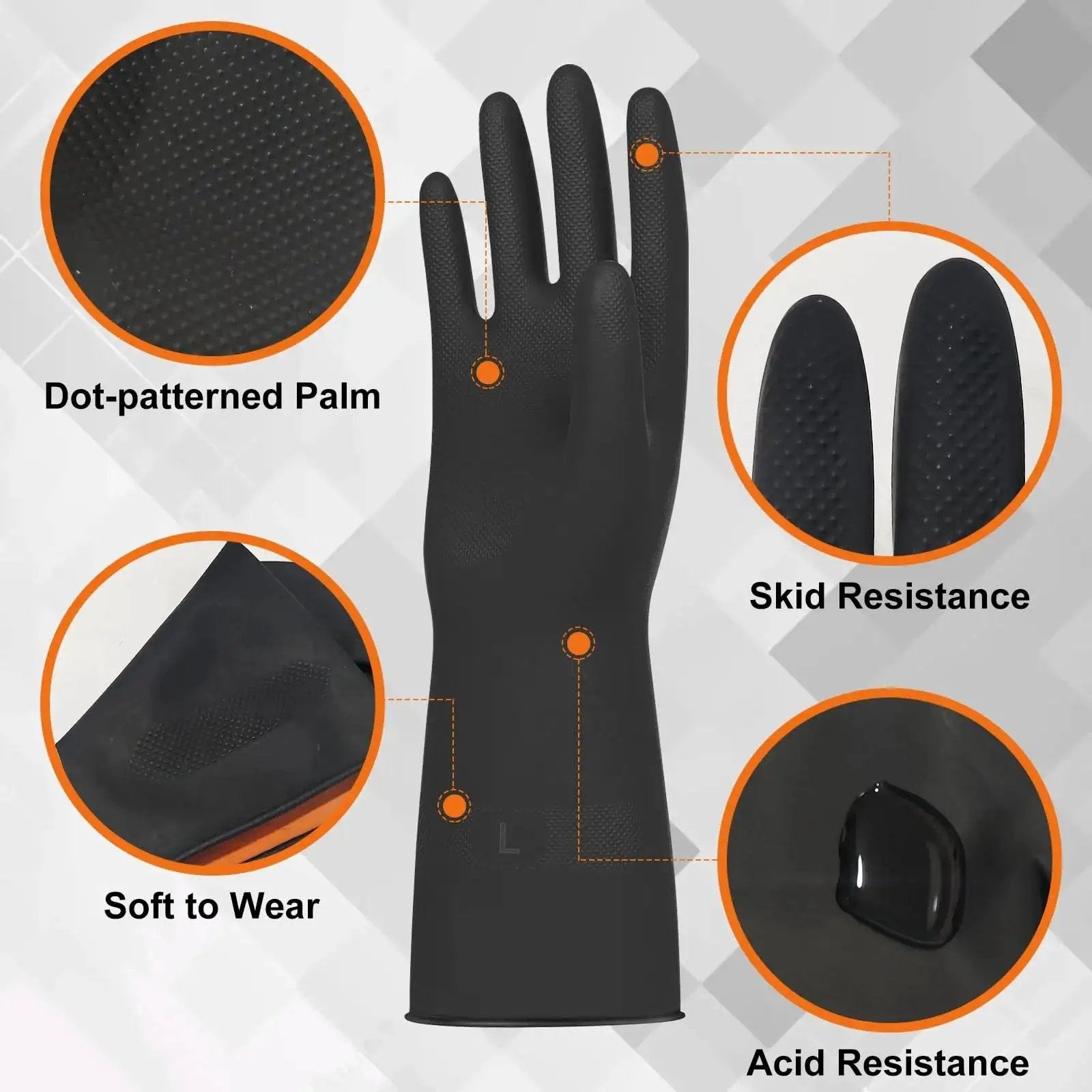 Large Chemical Resistant Latex Gloves 10 Pairs Heavy Duty Dishwashing Gloves with dot-patterned palm and skid resistance features.