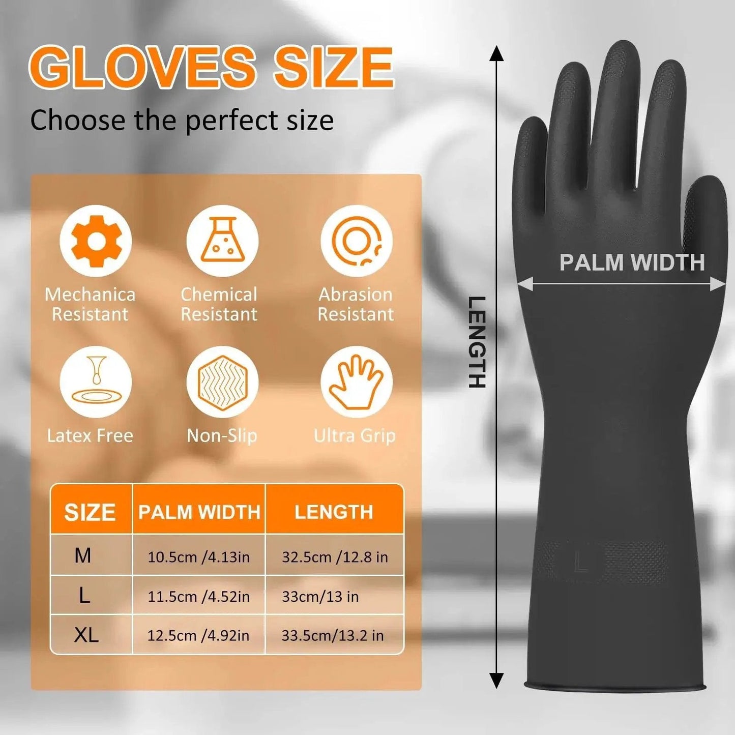 Size chart for Large Chemical Resistant Latex Gloves 10 Pairs Heavy Duty Dishwashing Gloves with measurements and features