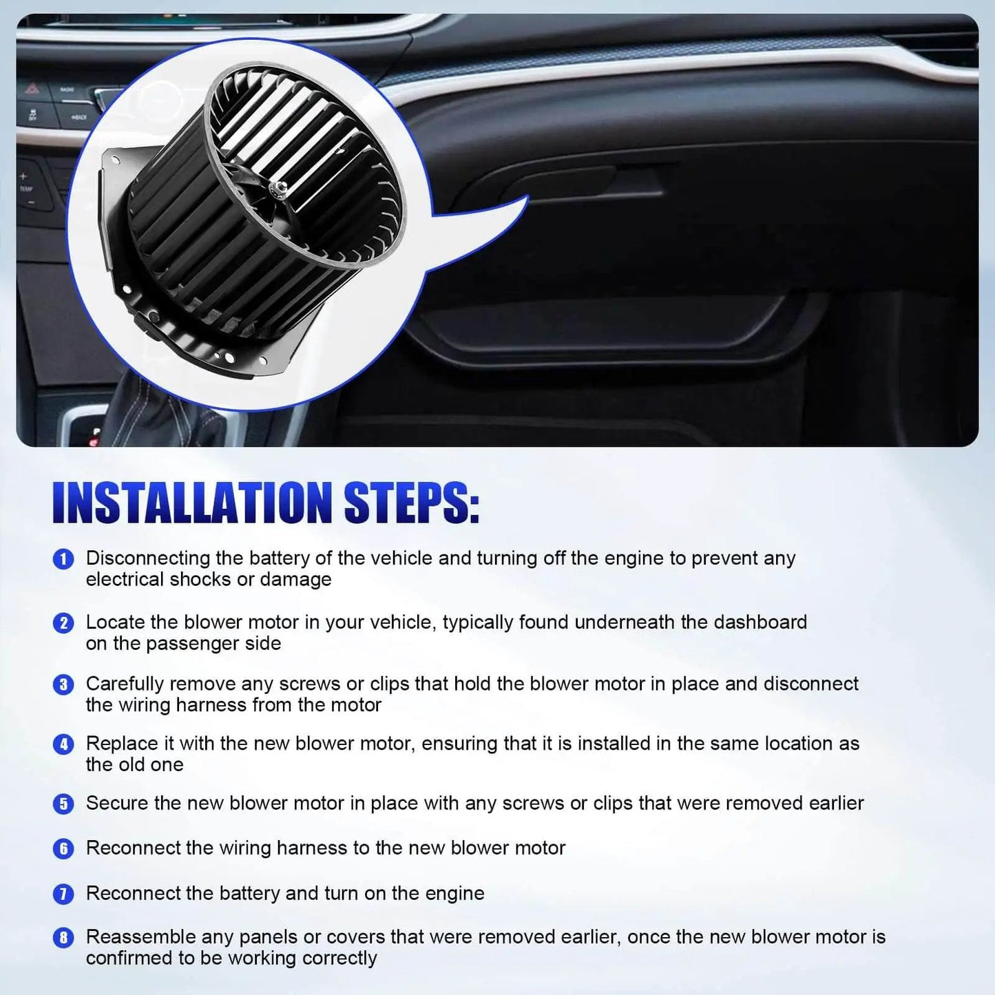 Image showing installation steps for Direct Fit Replacement AC Blower Motor With Fan For 1992 1993 1994 1995 1996 Chevy Silverado Suburban 1500 2500 Tahoe GMC Sierra Yukon C1500 C2500 K1500 K2500 G20 HVAC Heater Blower Motor Replaces 700103, with inset of blower motor.