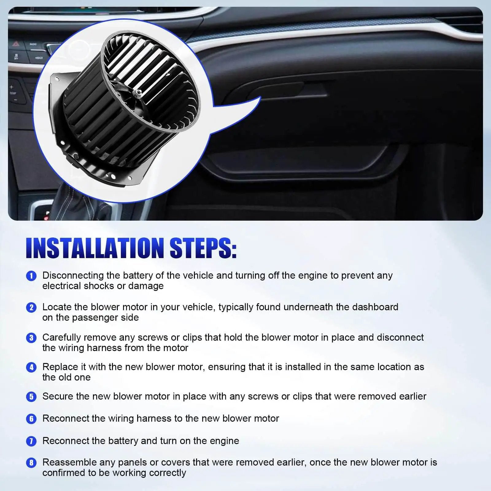 Image showing installation steps for Direct Fit Replacement AC Blower Motor With Fan For 1992 1993 1994 1995 1996 Chevy Silverado Suburban 1500 2500 Tahoe GMC Sierra Yukon C1500 C2500 K1500 K2500 G20 HVAC Heater Blower Motor Replaces 700103, with inset of blower motor.