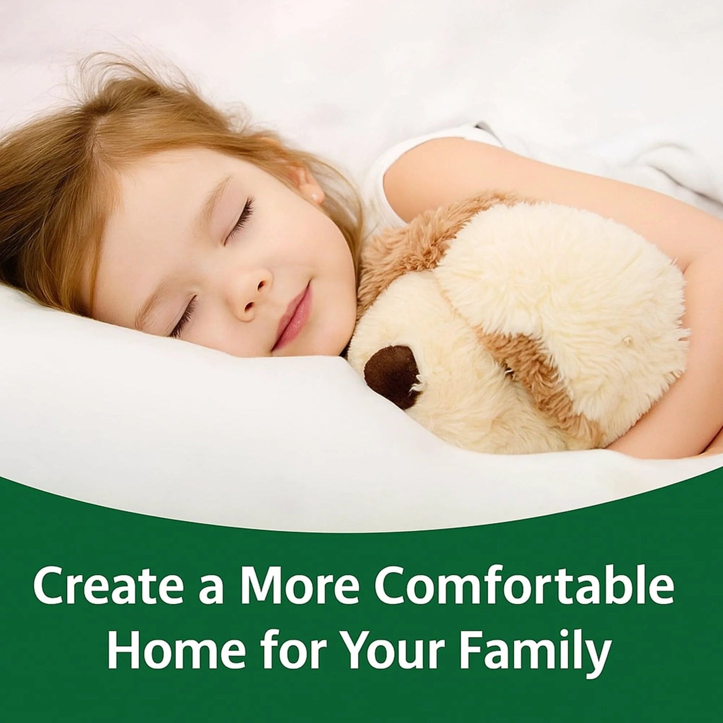 Child sleeping peacefully with a teddy bear in a cozy bed, promoting comfort in the home.