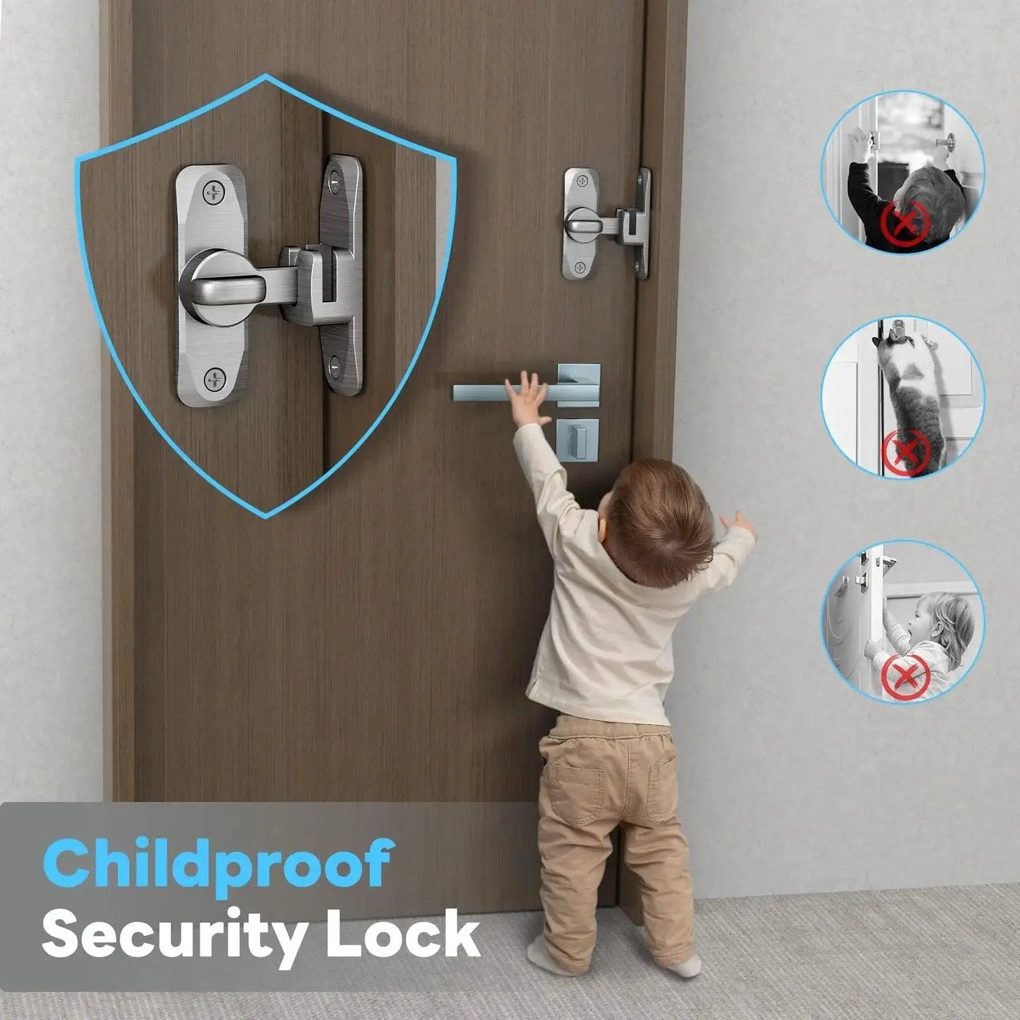Childproof security lock on door with toddler reaching handle, highlighting safety features and metal latch design.