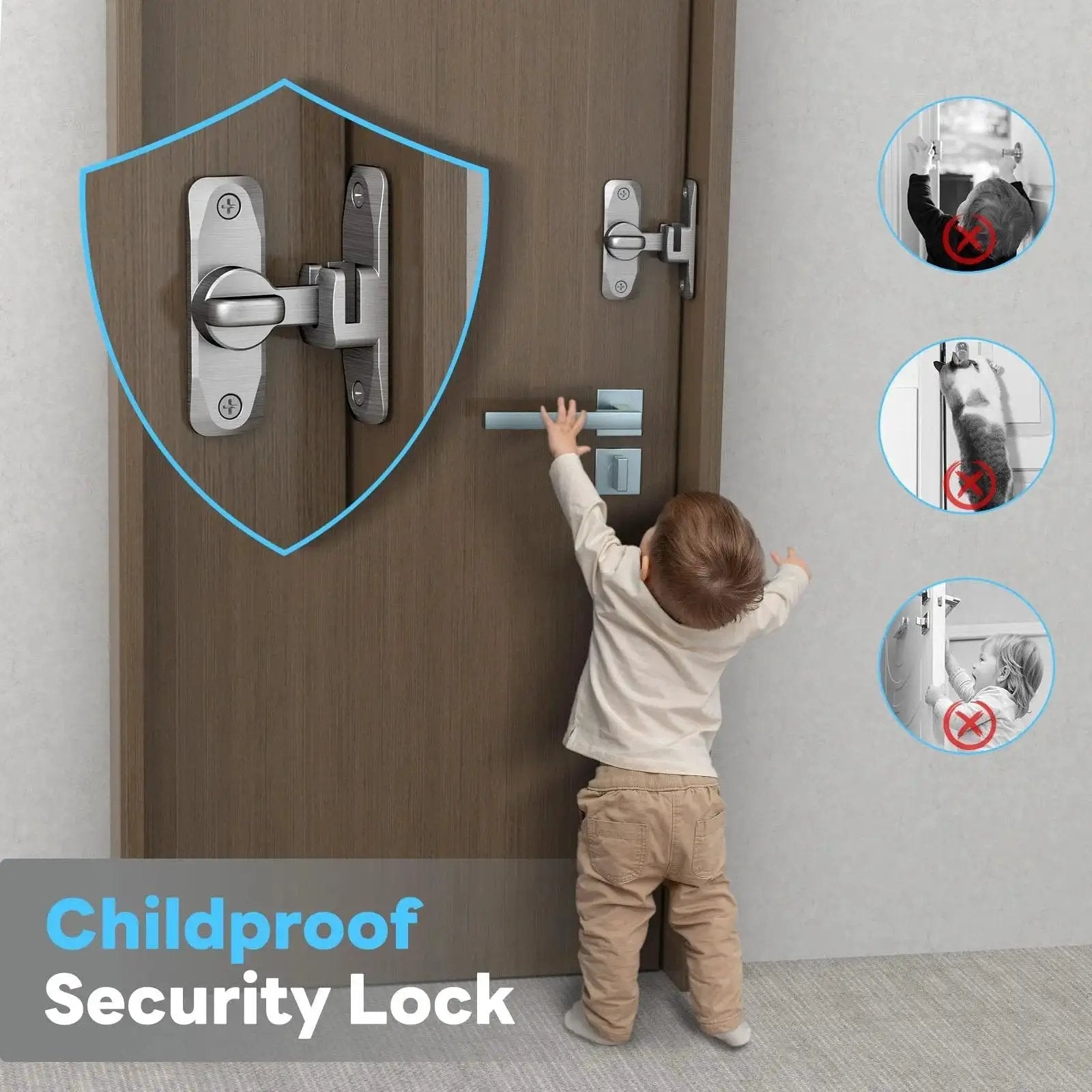 Childproof security lock on door with toddler reaching handle, highlighting safety features and metal latch design.