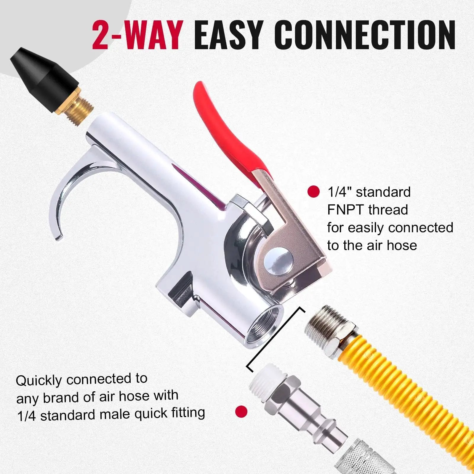 Powerful all metal air blow gun kit delivers efficient dust and debris removal with a 1/4 inch quick-connect, rubber tip