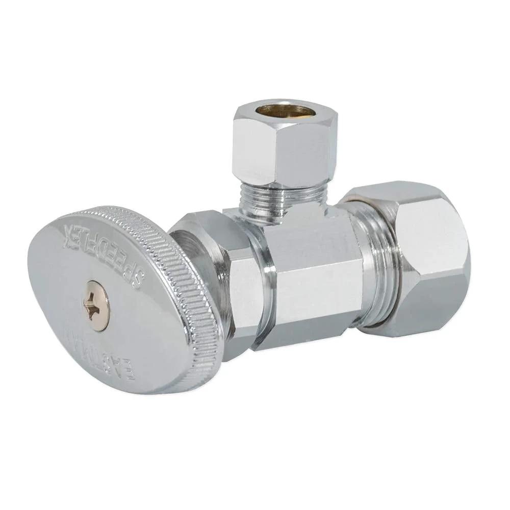 Easy Shut Off Chrome Brass Multi-Turn Angle Stop Valve For Three Eighth Inch OD To Five Eighth Inch OD Compression Lines, Leak Proof Design, Ideal For Under Sink And Bathroom Fixtures, Quick Install, Chrome Finish, Model 04348LF By Eastman, side view
