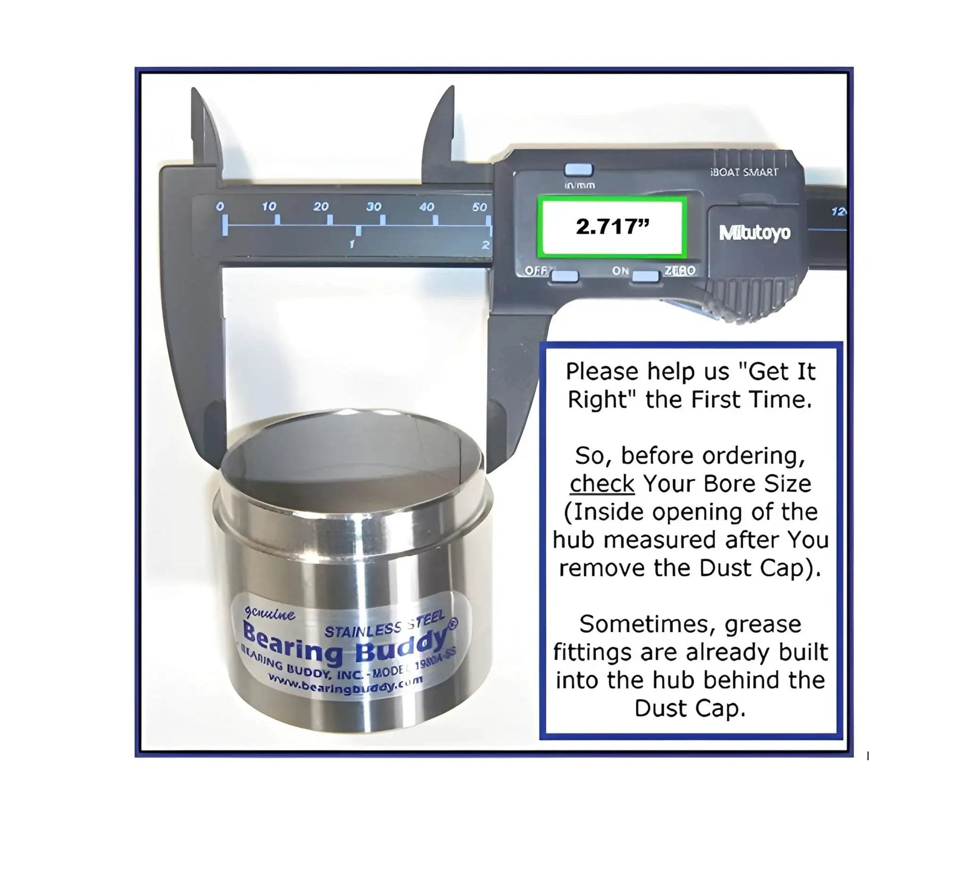 Heavy Duty Chrome Plated Bearing Protector With 23B Bra And Blue Grease Indicator From Bearing Buddy 2717A beside caliper showing 2.717 inch measurement
