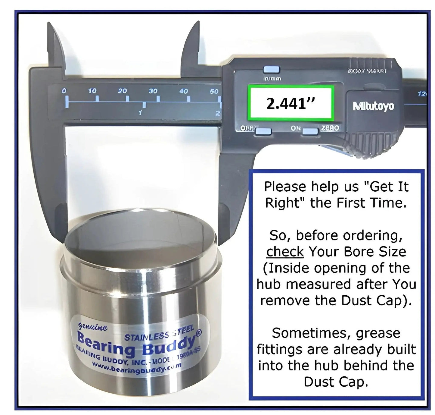 USA Made Chrome Plated Bearing Protector With 23B Bra And Blue Grease Indicator For 2.441 Inch Hubs shown with digital caliper