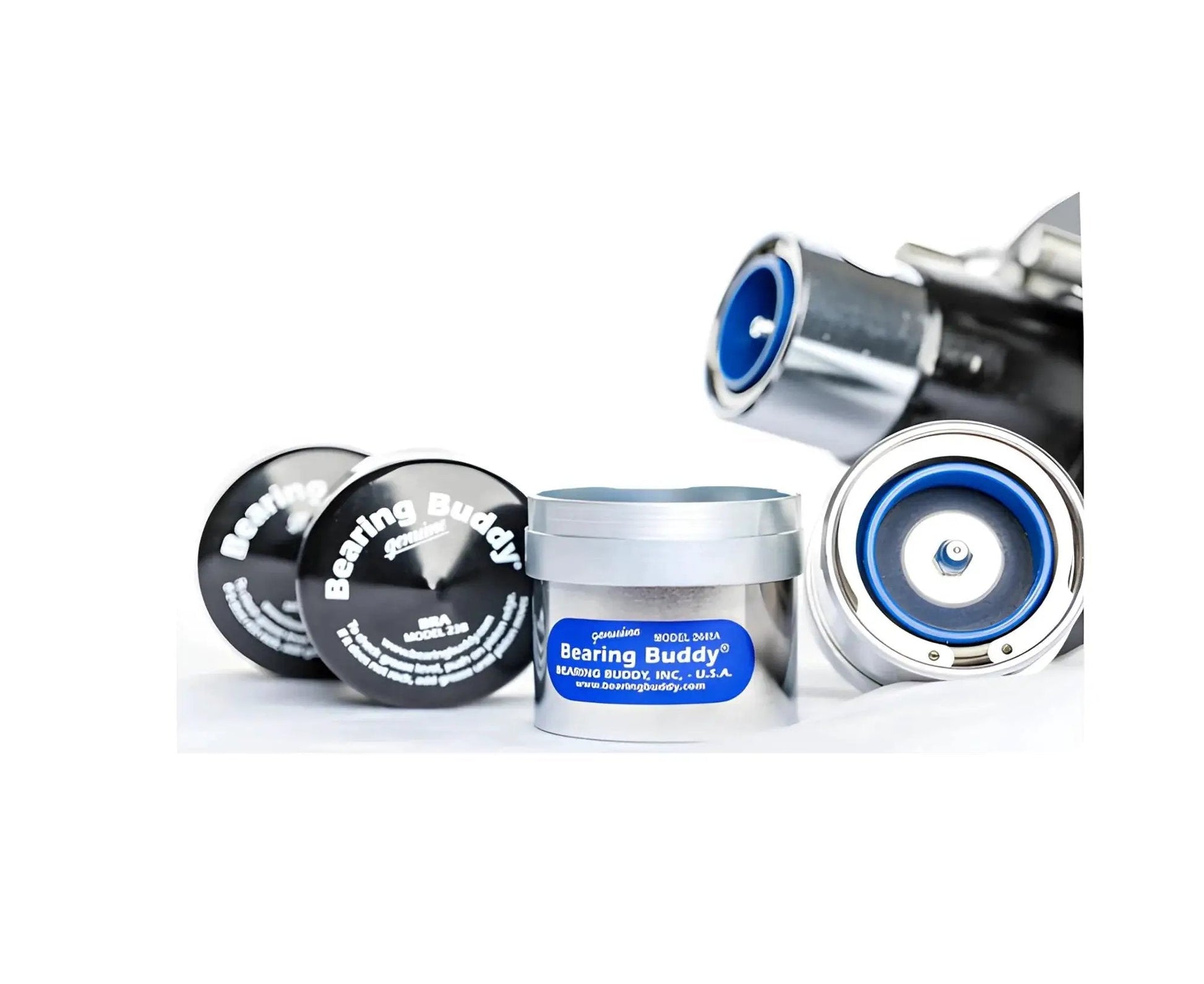 USA Made Chrome Plated Bearing Protector With 23B Bra And Blue Grease Indicator For 2.441 Inch Hubs, front view with components