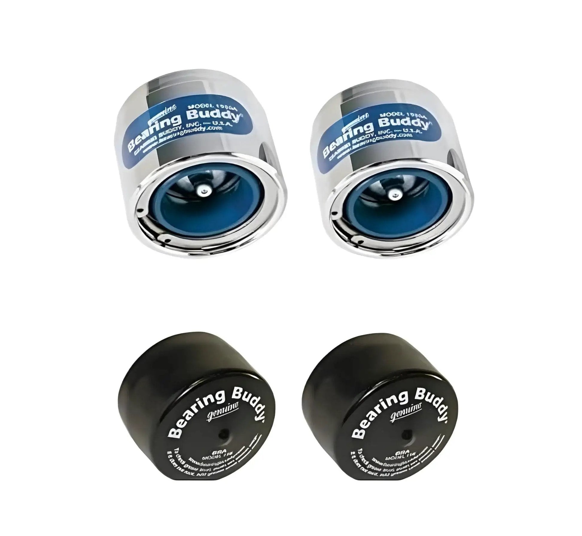 USA Made Chrome Plated Bearing Protector With Blue Grease Indicator And 19B Bra For Boats, RVs, And Trailers From Bearing Buddy shown.