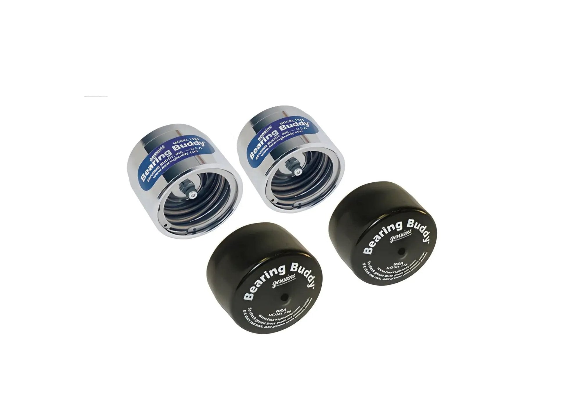 Chrome Bearing Protectors For Boat Trailer Bearings 1.980 Inch Size Pair With Saltwater Protection Shield, front and back view