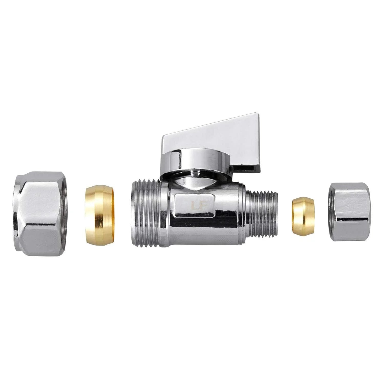 Two Pack Chrome Brass Quarter Turn Angle Stop Valves With One Half Inch Nominal Compression Inlet And Five Eighths Inch OD To Three Eighths Inch OD Compression Outlet Lead Free Brass 150 PSI Rated Corrosion Resistant Chrome Finish Shut Off, detailed view of valve components.
