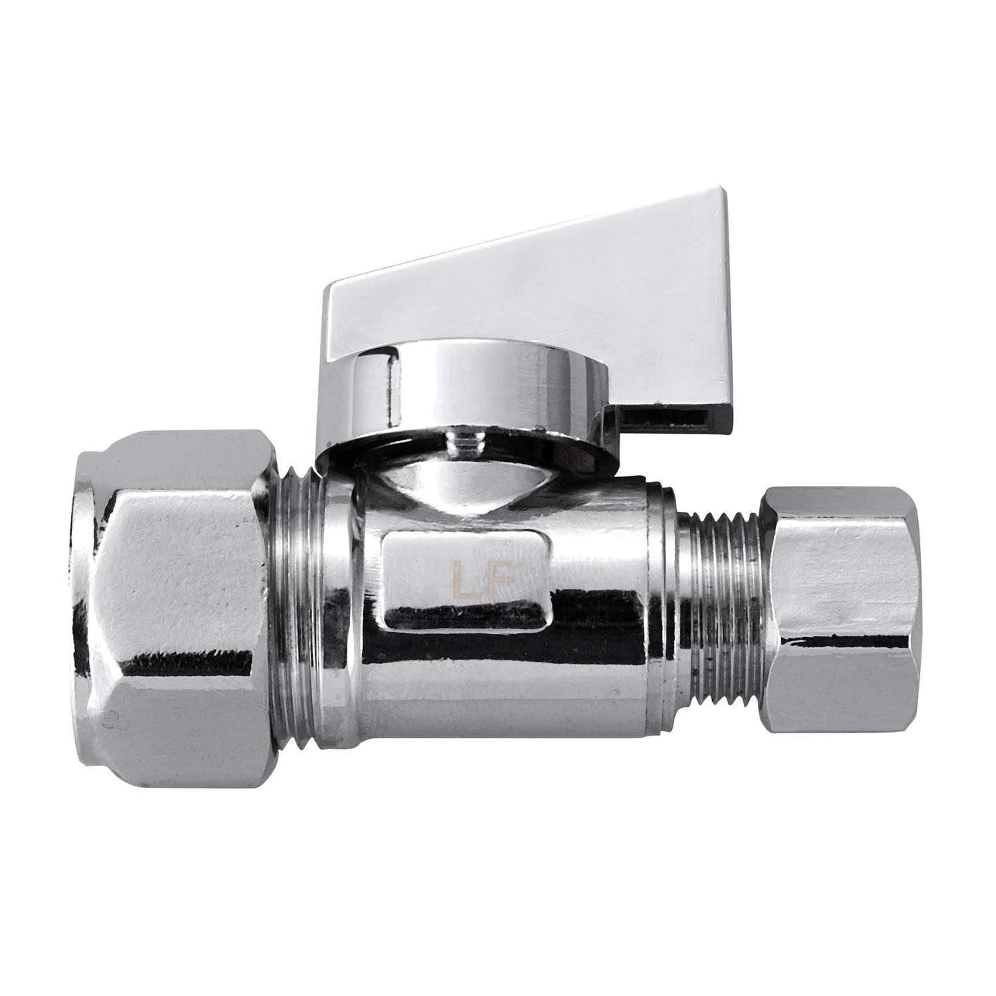 Two Pack Chrome Brass Quarter Turn Angle Stop Valve with 1/2 inch nominal compression inlet and 5/8 inch OD outlet, lead-free.