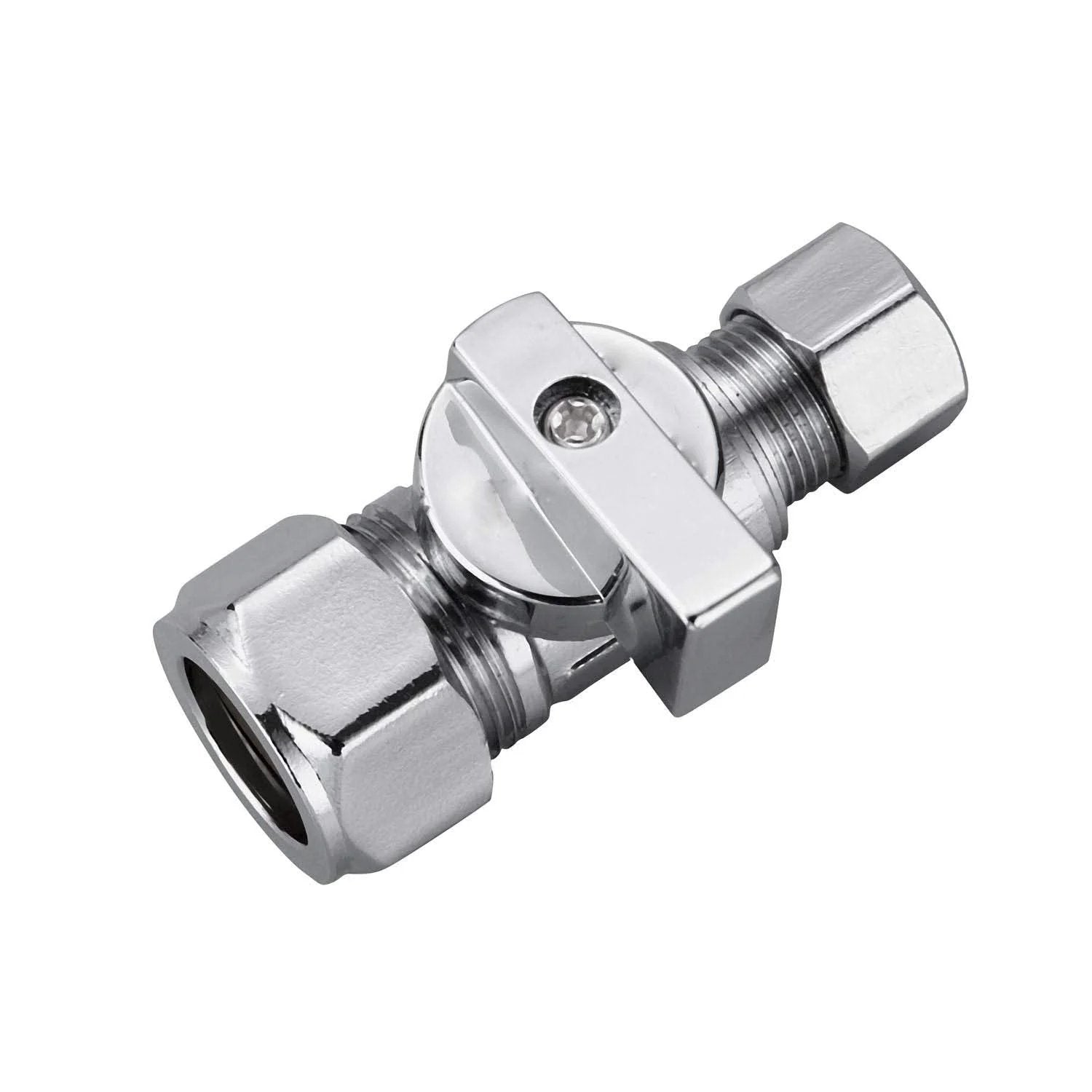 Two Pack Chrome Brass Quarter Turn Angle Stop Valves With One Half Inch Nominal Compression Inlet And Five Eighths Inch OD To Three Eighths Inch OD Compression Outlet Lead Free Brass 150 PSI Rated Corrosion Resistant Chrome Finish Shut Off close-up view of a chrome valve.