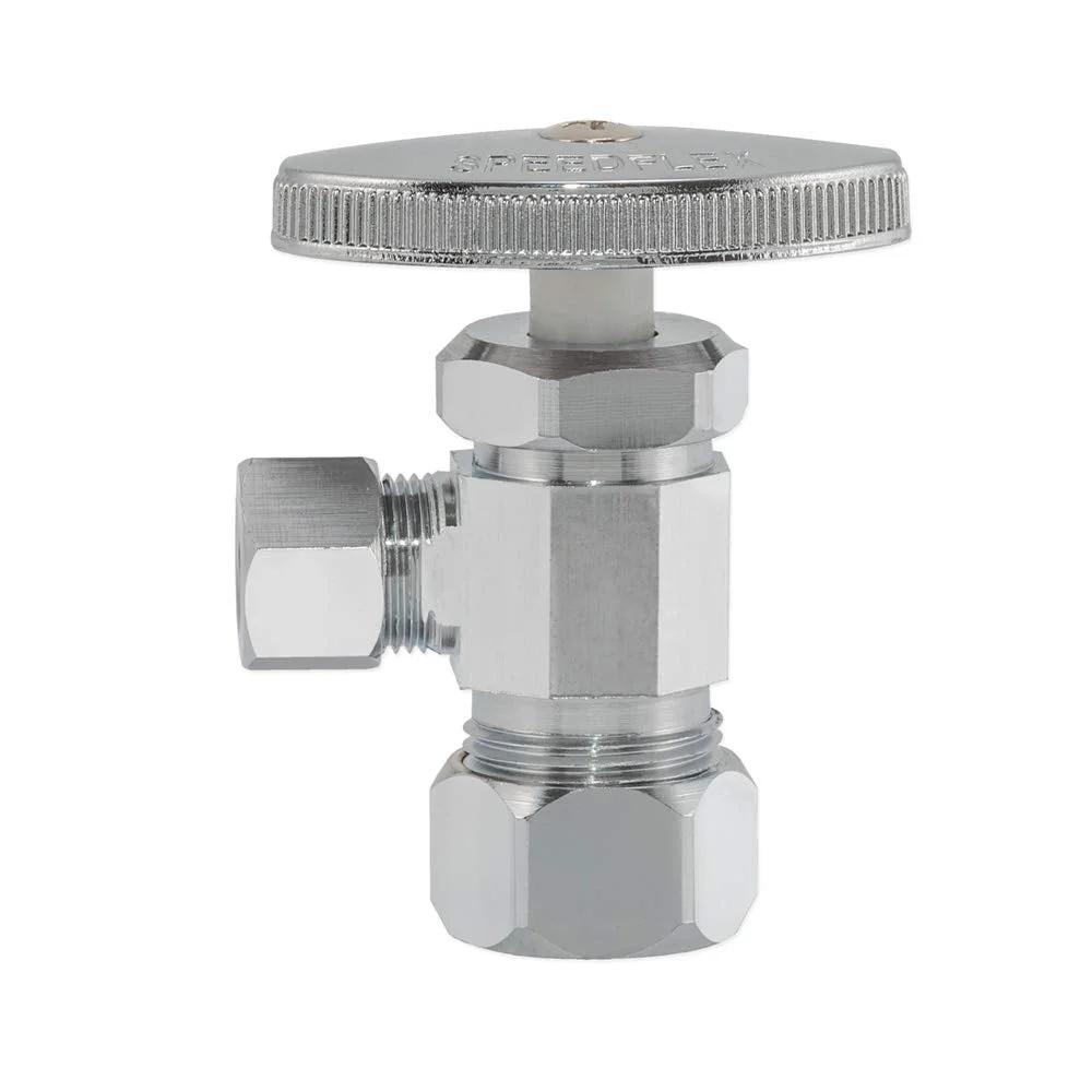 Easy Shut Off Chrome Brass Multi-Turn Angle Stop Valve For Three Eighth Inch OD To Five Eighth Inch OD Compression Lines, Leak Proof Design, Ideal For Under Sink And Bathroom Fixtures, Quick Install, Chrome Finish, Model 04348LF By Eastman - side view