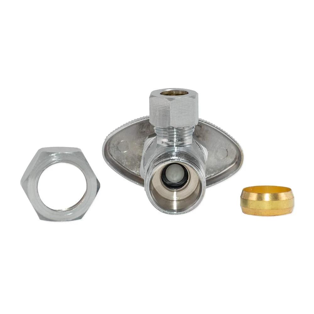 Easy Shut Off Chrome Brass Multi-Turn Angle Stop Valve For Three Eighth Inch OD To Five Eighth Inch OD Compression Lines, Leak Proof Design, Ideal For Under Sink And Bathroom Fixtures, Quick Install, Chrome Finish, Model 04348LF By Eastman, showing valve with nut and washer.