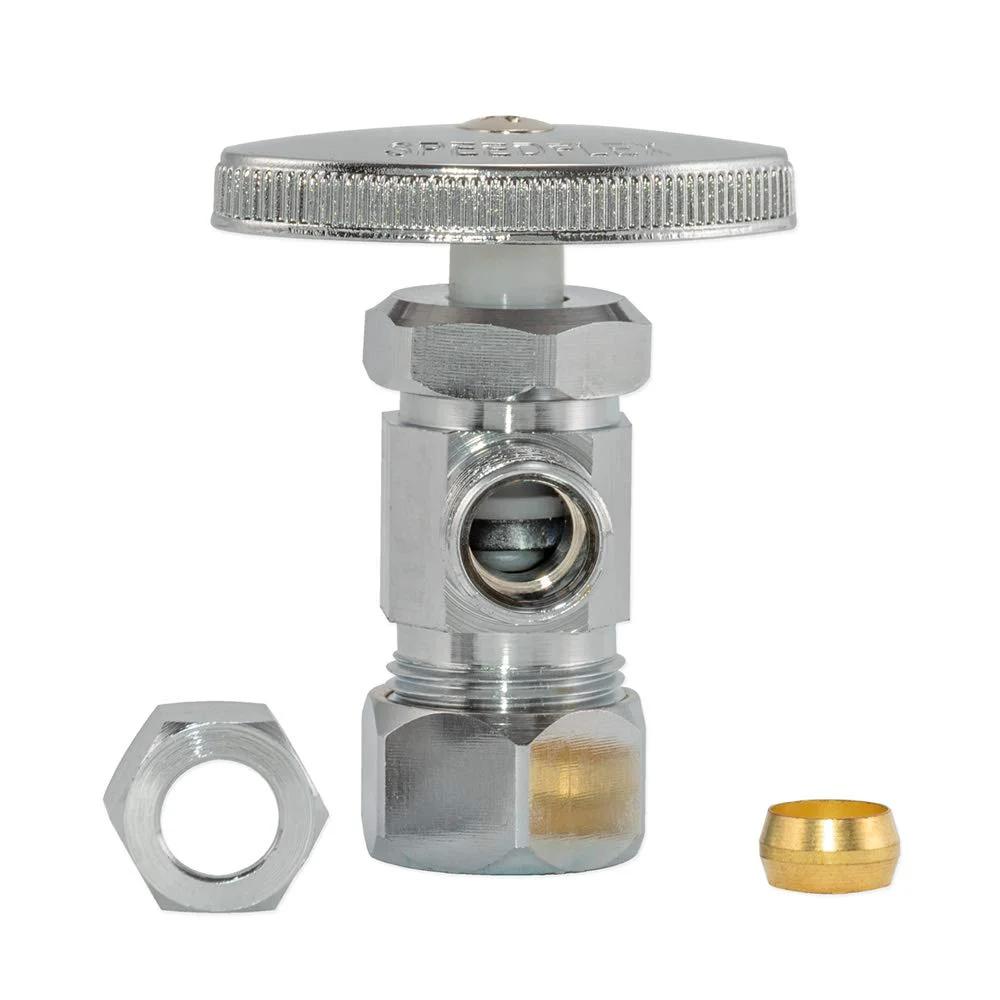 Easy Shut Off Chrome Brass Multi-Turn Angle Stop Valve For Three Eighth Inch OD To Five Eighth Inch OD Compression Lines, Leak Proof Design, Ideal For Under Sink And Bathroom Fixtures, Quick Install, Chrome Finish, Model 04348LF By Eastman, showing chrome valve with components.