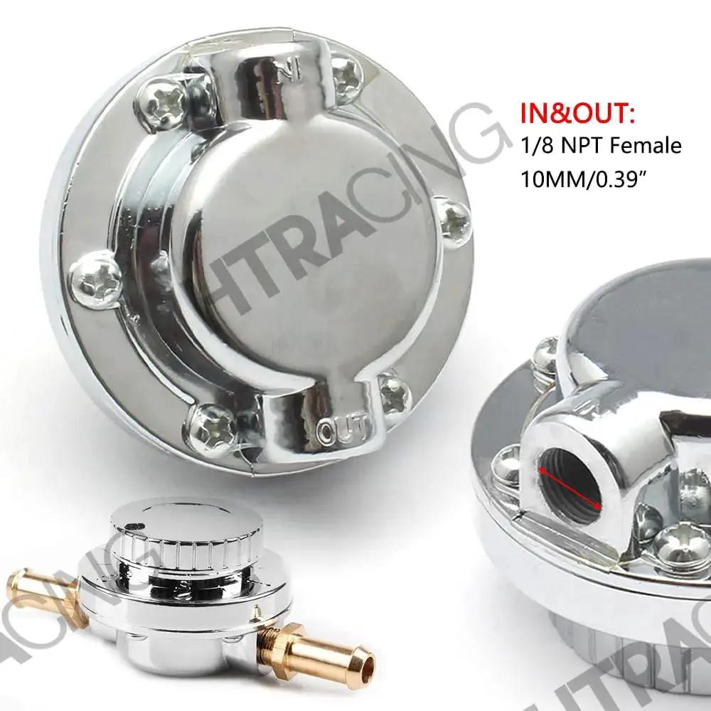 Street Ready Fuel Pressure Regulator With Gauge For Carburetor Universal Fit, Adjustable 1 to 5 PSI, Chrome Plated Zinc Alloy, Close-up
