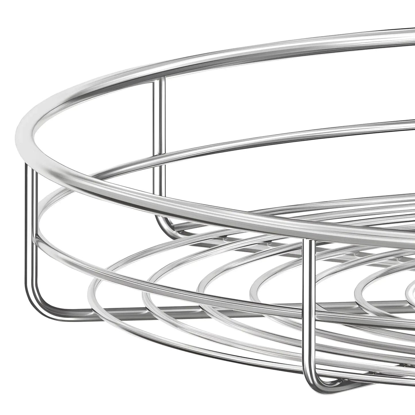 Close-up of chrome 24 inch corner cabinet lazy Susan full circle rotating rack replacement shelves for kitchen organization.