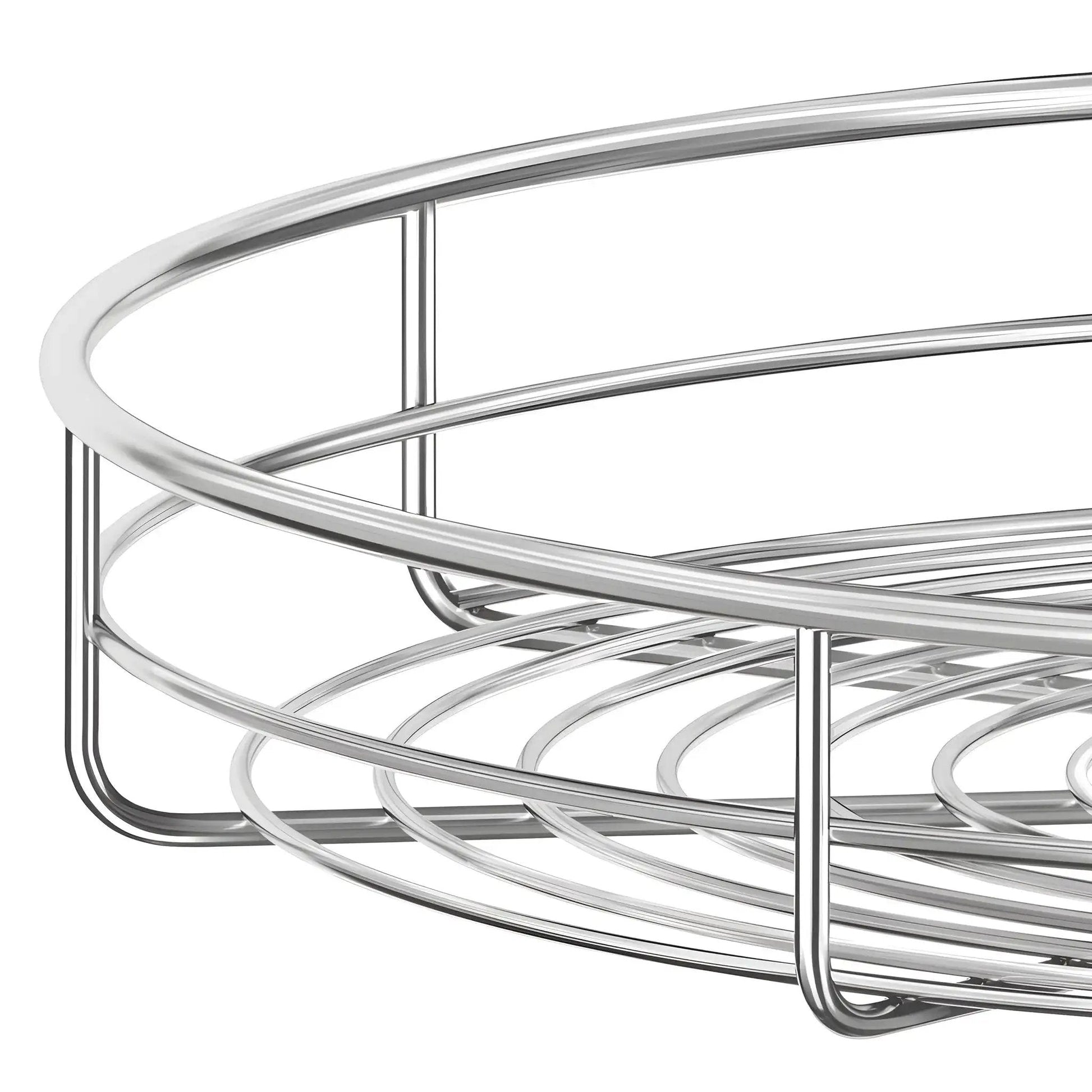 Close-up of chrome 24 inch corner cabinet lazy Susan full circle rotating rack replacement shelves for kitchen organization.