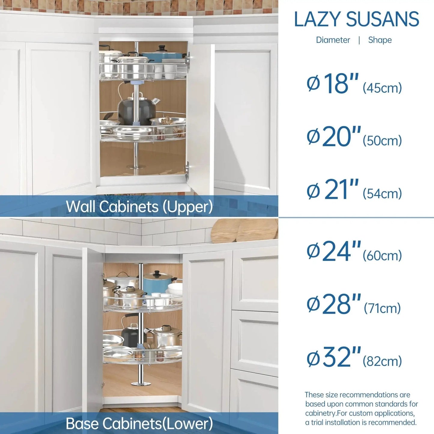 Chrome 24 Inch Corner Cabinet Lazy Susan Full Circle Rotating Rack Replacement Shelves shown in base and wall cabinets.