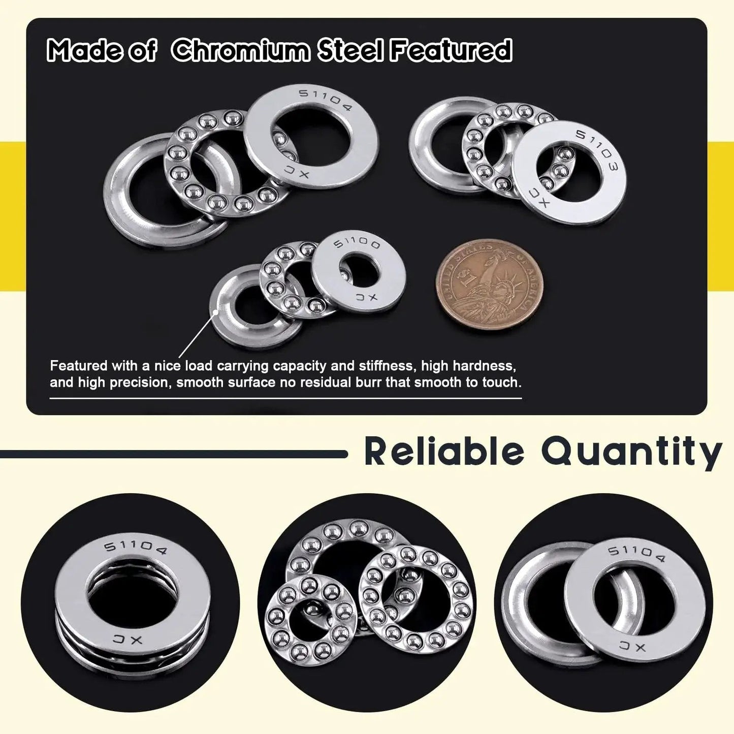 Nine Piece Thrust Needle Roller Bearing Set With Washers In Three Sizes 10x24x9Mm 17x30x9Mm And 20x35x10Mm Chrome Steel Close-Up