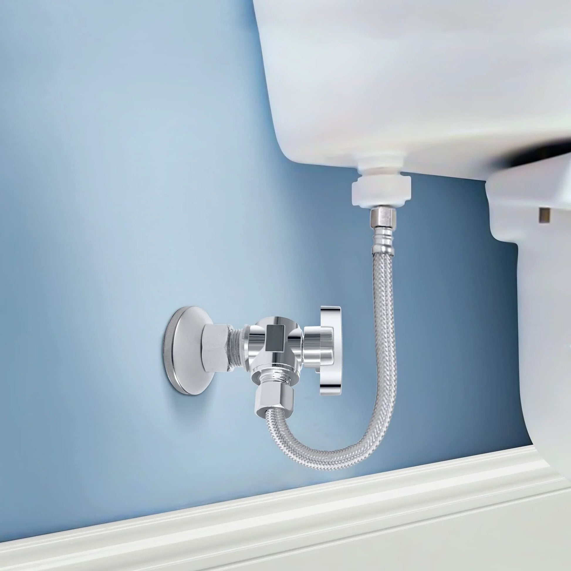 Five Pack One Half Inch NOM Compression And Three Eighth Inch OD Compression Angle Stop Valve With Quarter Turn Brass Chrome Plated Water Shut Off Valve For Faucets Durable Brass Construction With Corrosion Resistant Chrome Plated Finish For Lasting installed beside a toilet on a blue wall.