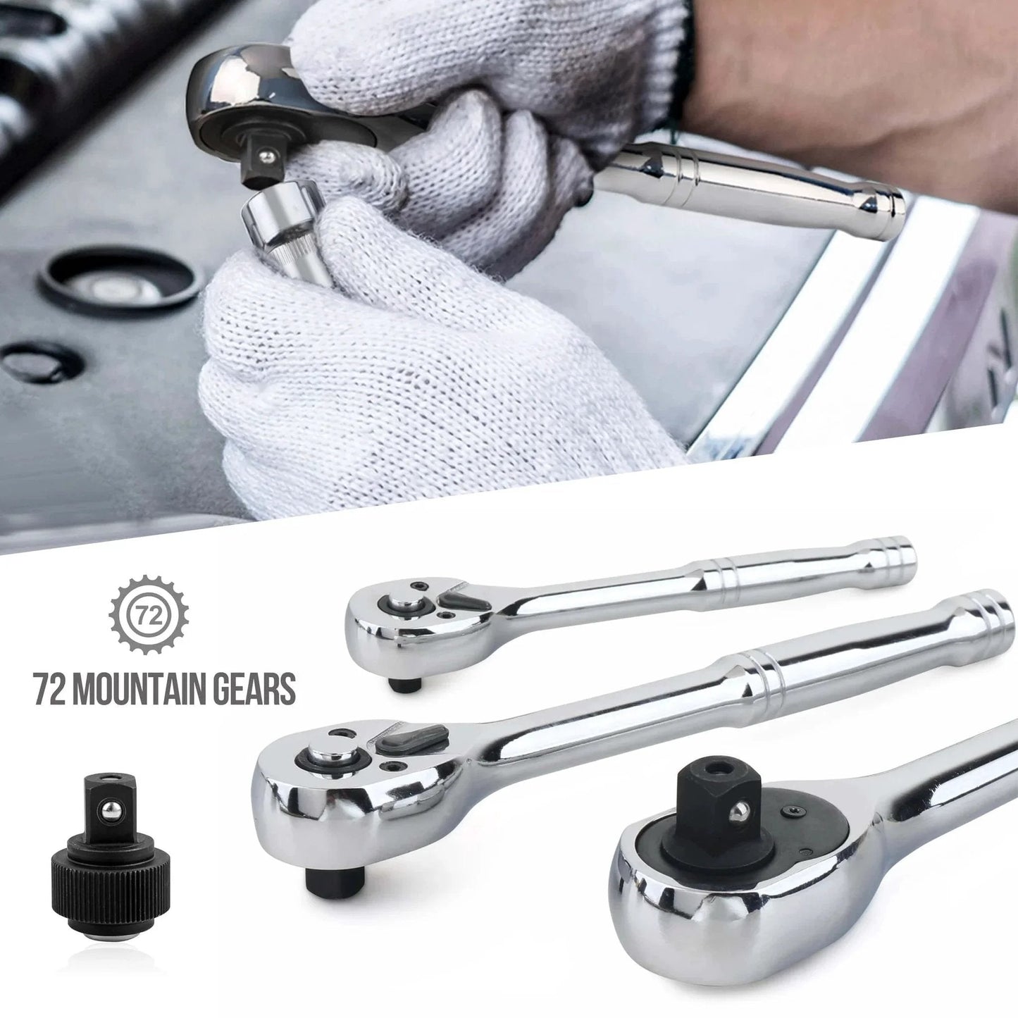 Close-up of Mechanic's Socket Tool Set With Case, SAE and Metric Sizes, 201-Piece showing ratchet handle detail.
