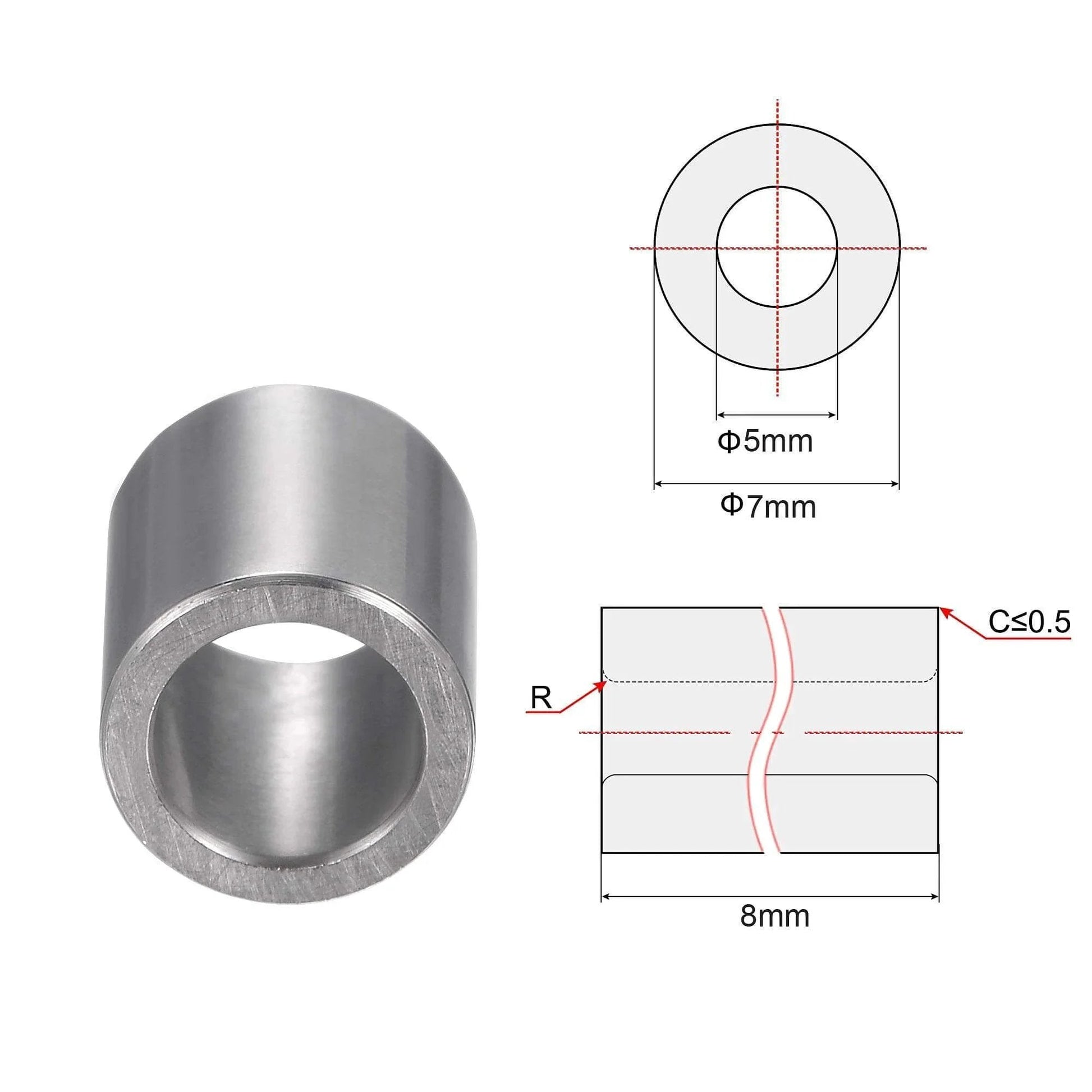 Chrome Steel Oilless Sleeve Bearings 5mm By 7mm By 8mm Bushing 2 Pieces with technical schematic showing dimensions.