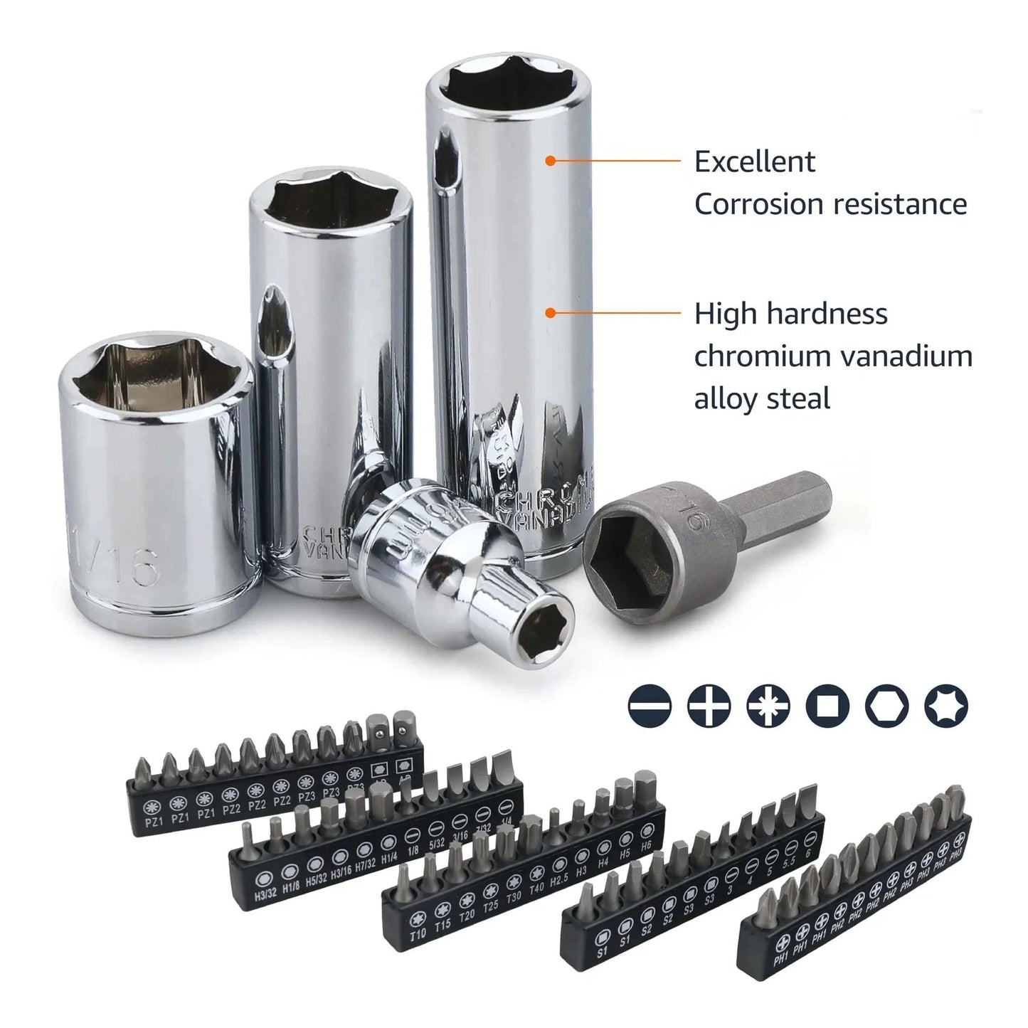 Mechanic's Socket Tool Set With Case, SAE and Metric Sizes, 201-Piece showing chrome-vanadium sockets and bits