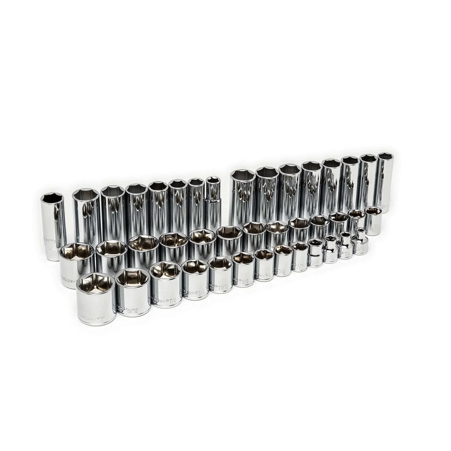 Chrome sockets from 180 Piece Professional Tool Set in Tool Storage Case - CTK180 arranged in rows