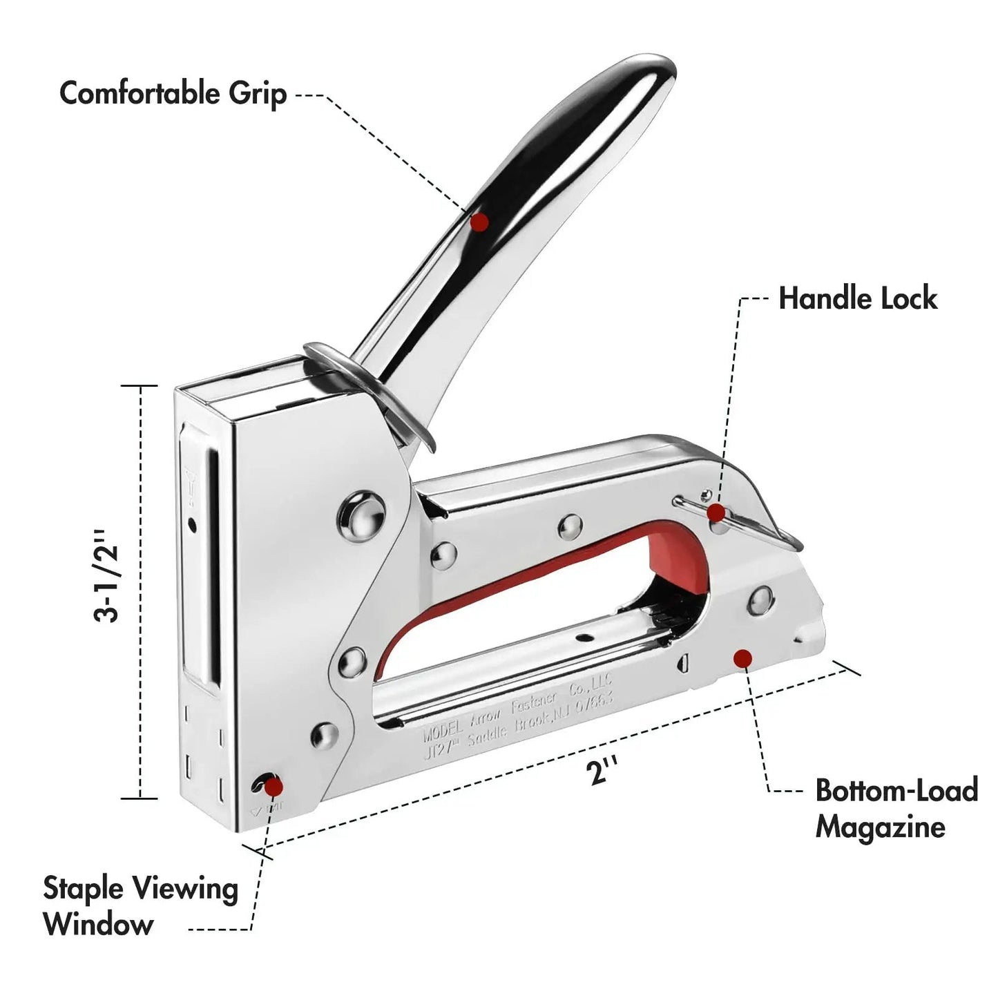 Light Duty Staple Gun Kit With 2000 Three Eighths Inch JT21 Staples Rubber Grip And Chrome Steel Housing features labeled