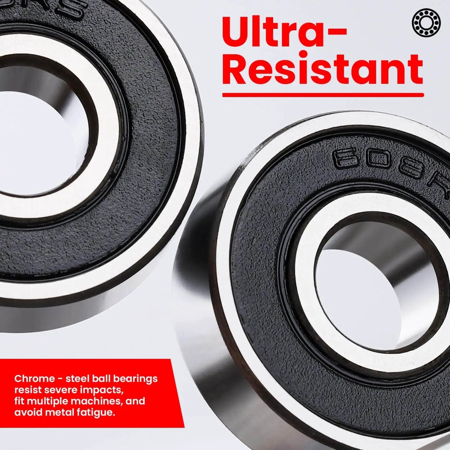Close-up of Pack of 12 608-2RS sealed ball bearings 8x22x7mm in steel with bold text Ultra-Resistant