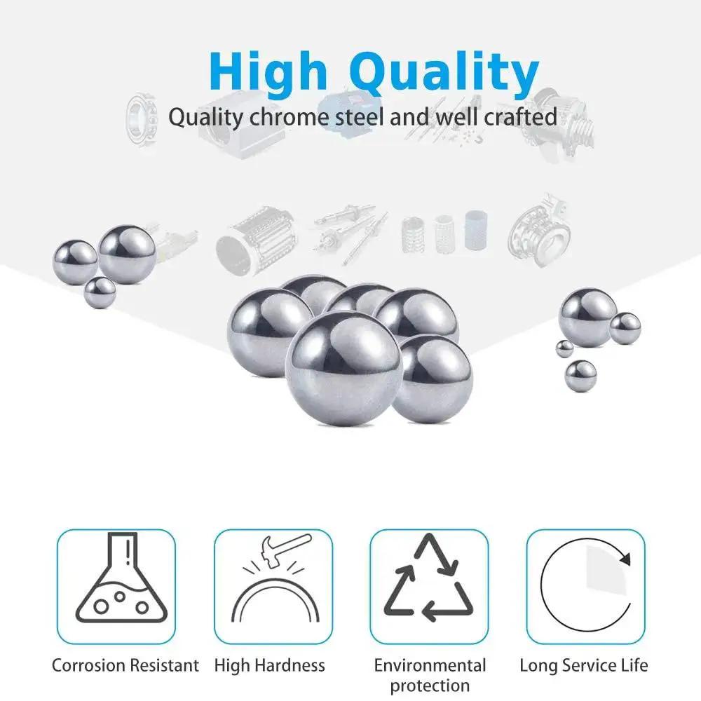 1 Inch Precision Chrome Steel Bearing Balls 6 Piece Set G25 Pro Grade High Hardness Corrosion Resistant displayed with icons