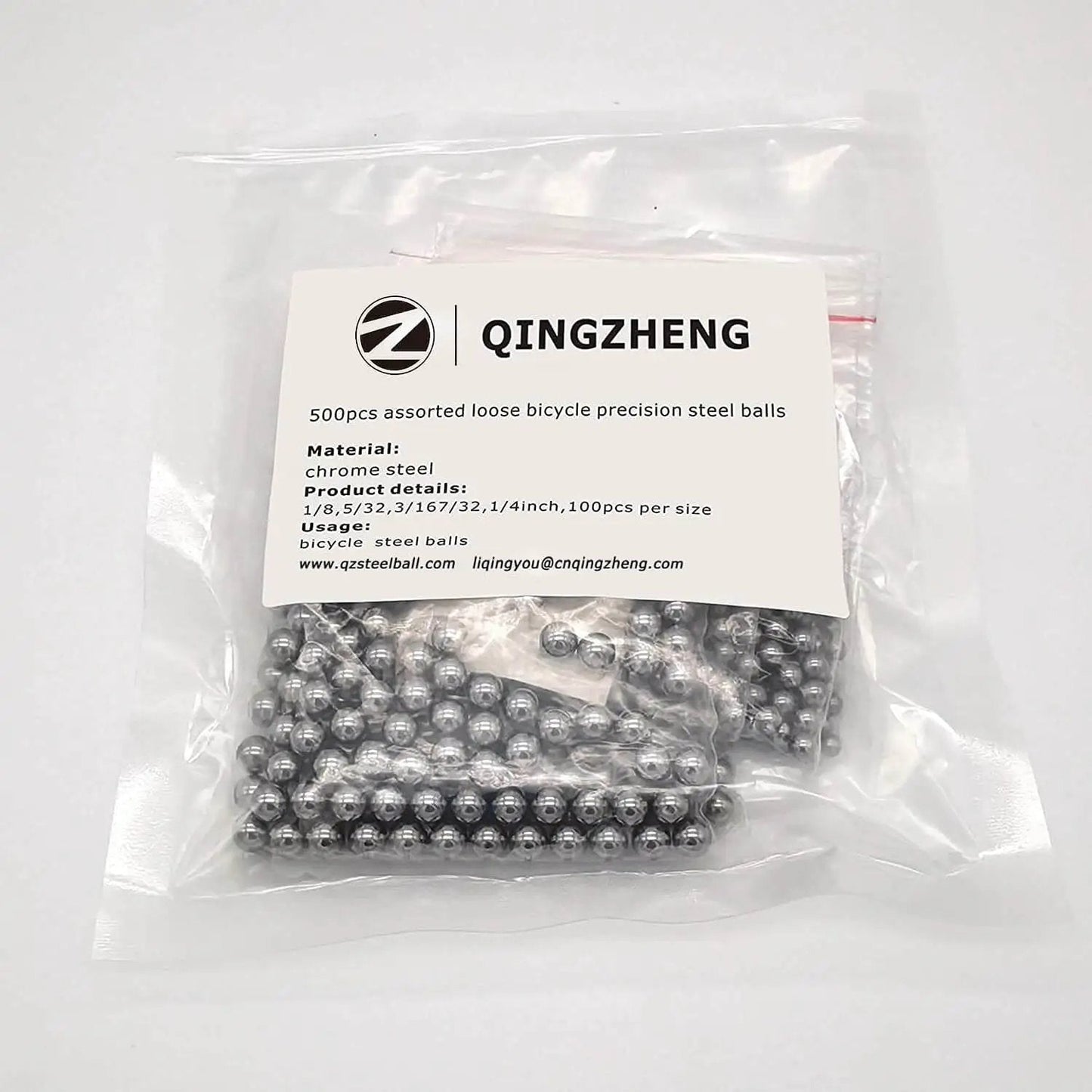 Assorted Bicycle Bearing Balls Chrome Steel One Eighth Inch Five Thirty Second Inch Three Sixteenth Inch Seven Thirty Second Inch One Quarter Inch 500 Count Replacement Set For Hubs And Bearings With Anti Rust Oil Finish G25 Quality in clear plastic bag.