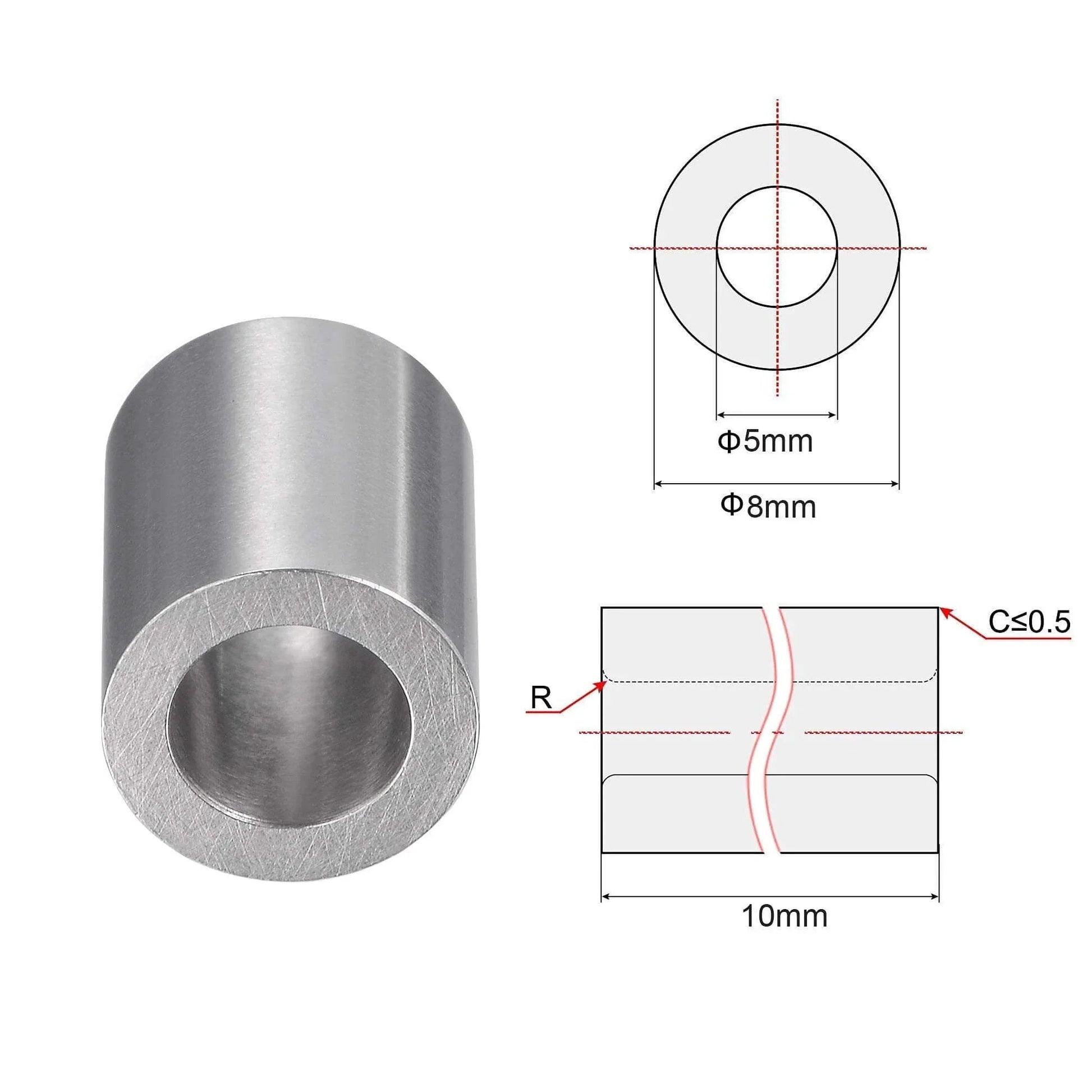 Chrome Steel Oilless Sleeve Bearings 5mmx8mmx10mm Bushing Set of 6 High Load Wear Resistant, side view with diagram. For CNC machinery.