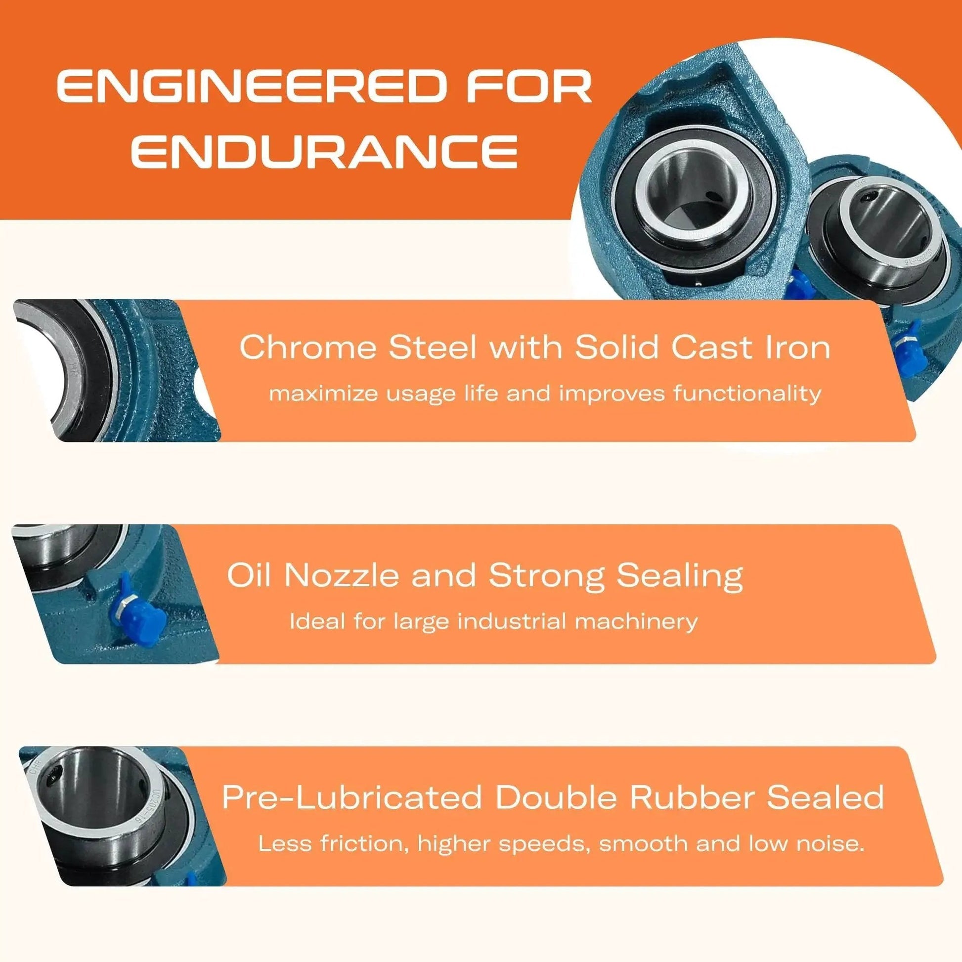 Flange Mounted Pillow Block Bearings UCFL205-16 Chrome Steel With 1 Inch Bore featuring cast iron housing and oil nozzle for endurance.
