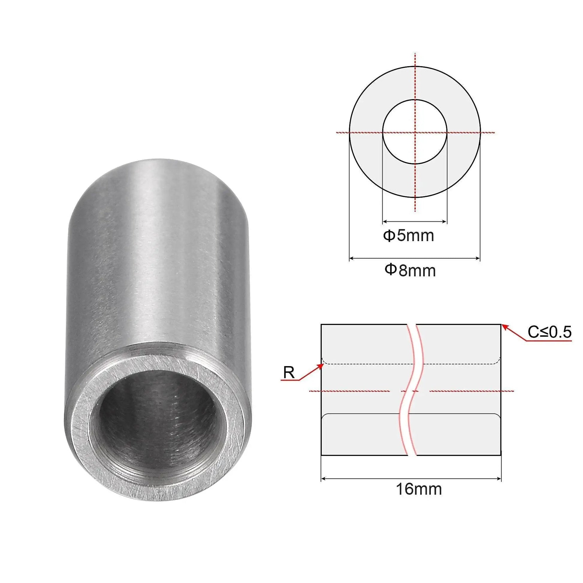 Chrome Steel Sleeve Bearings 5mm Bore 8mm Outer Diameter 16mm Length Oilless Bushings Set Of 6 with technical diagram
