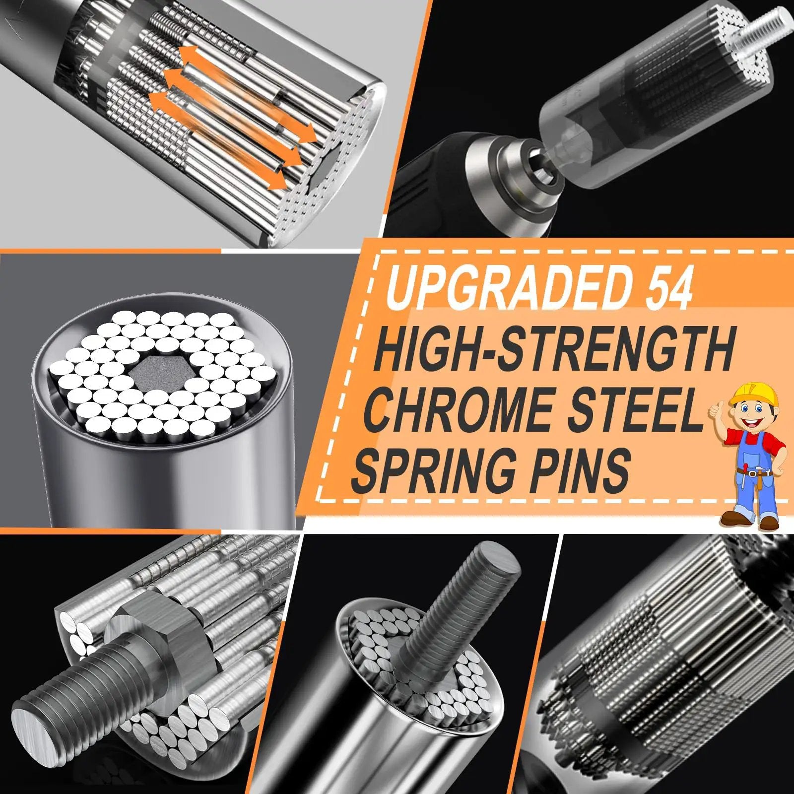 Universal Socket Tool Set For Men Gifts For Dad Husband Grandpa Stepdad With Power Drill Adapter Adjustable Grip That Fits Any Size Or Shape showing chrome steel spring pins.