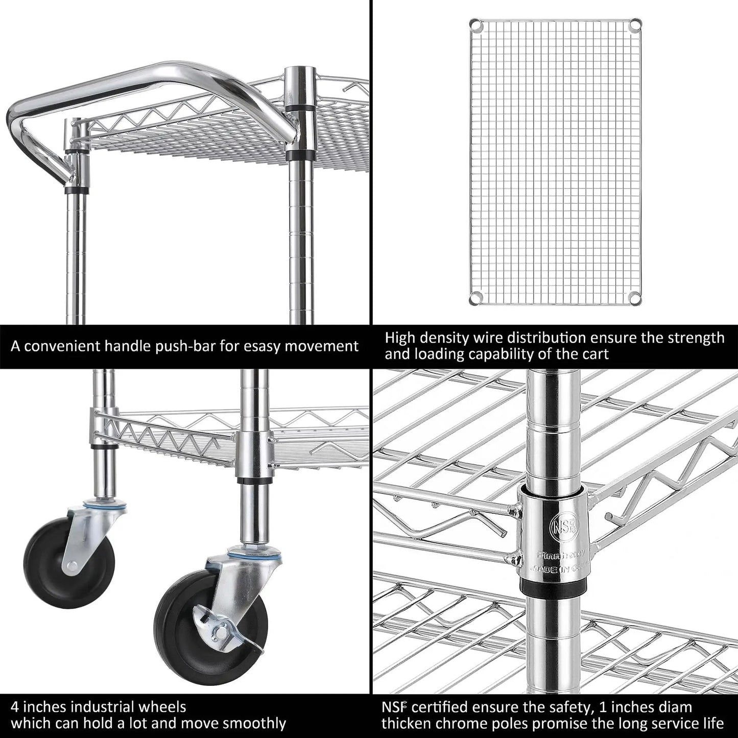 Heavy Duty Commercial Grade Utility Cart With Three Tiers And Handle Bar Steel Wire Rolling Cart With Wheels For Kitchen Workshop Or Food Storage NSF Listed Durable Plant Display Shelf Trolley Finnhomy, close-up of wheels and chrome wire shelf
