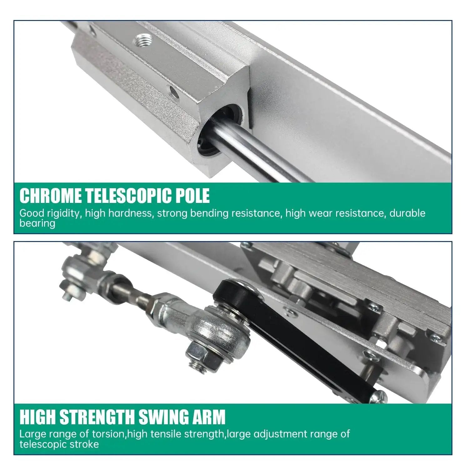 Close-up of chrome telescopic pole and high strength swing arm on heavy-duty reciprocating linear actuator.
