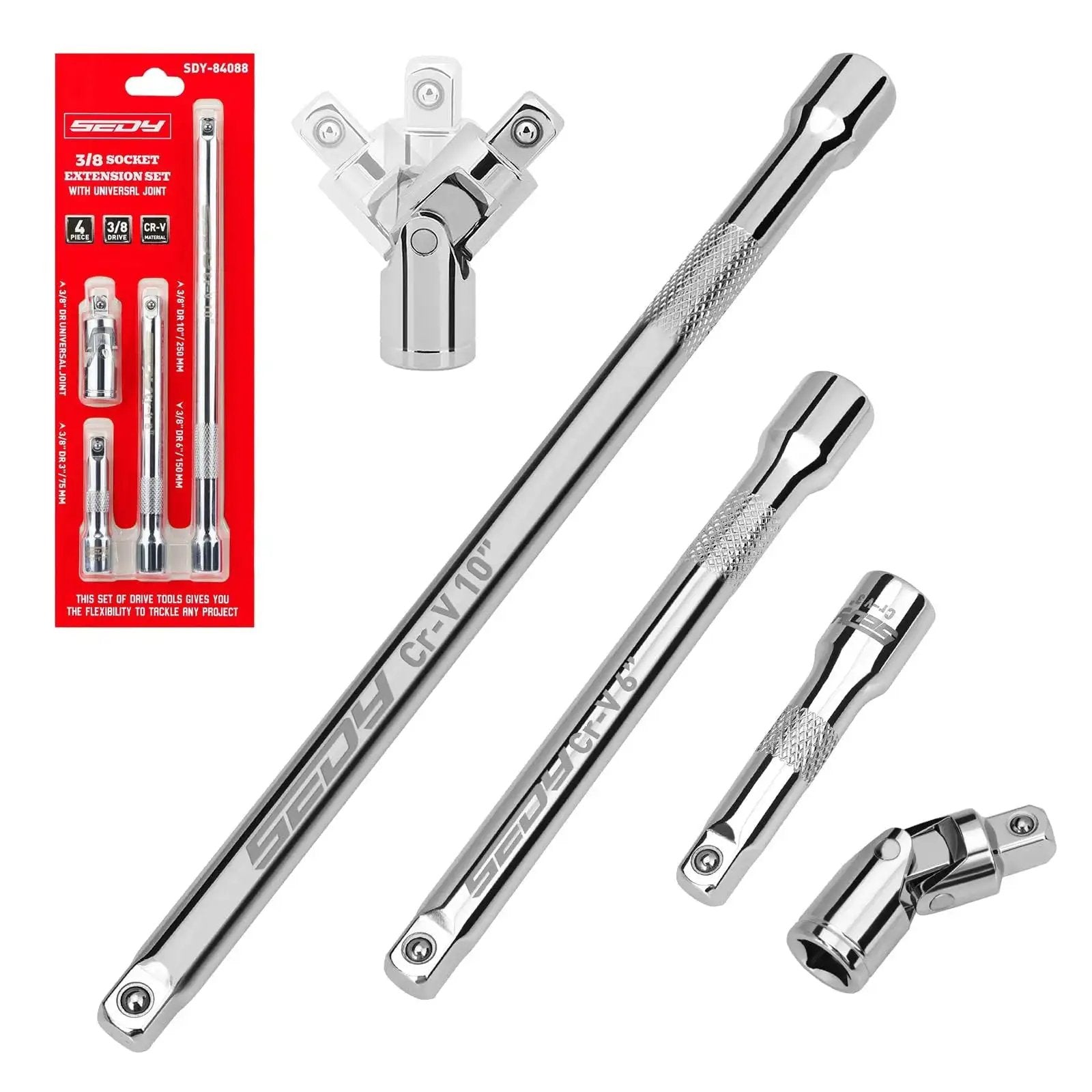 Four Piece Three Eighths Inch Drive Socket Extension Bar Set With Three Six And Ten Inch Extensions And Universal Joint Sockets Chrome Vanadium Steel