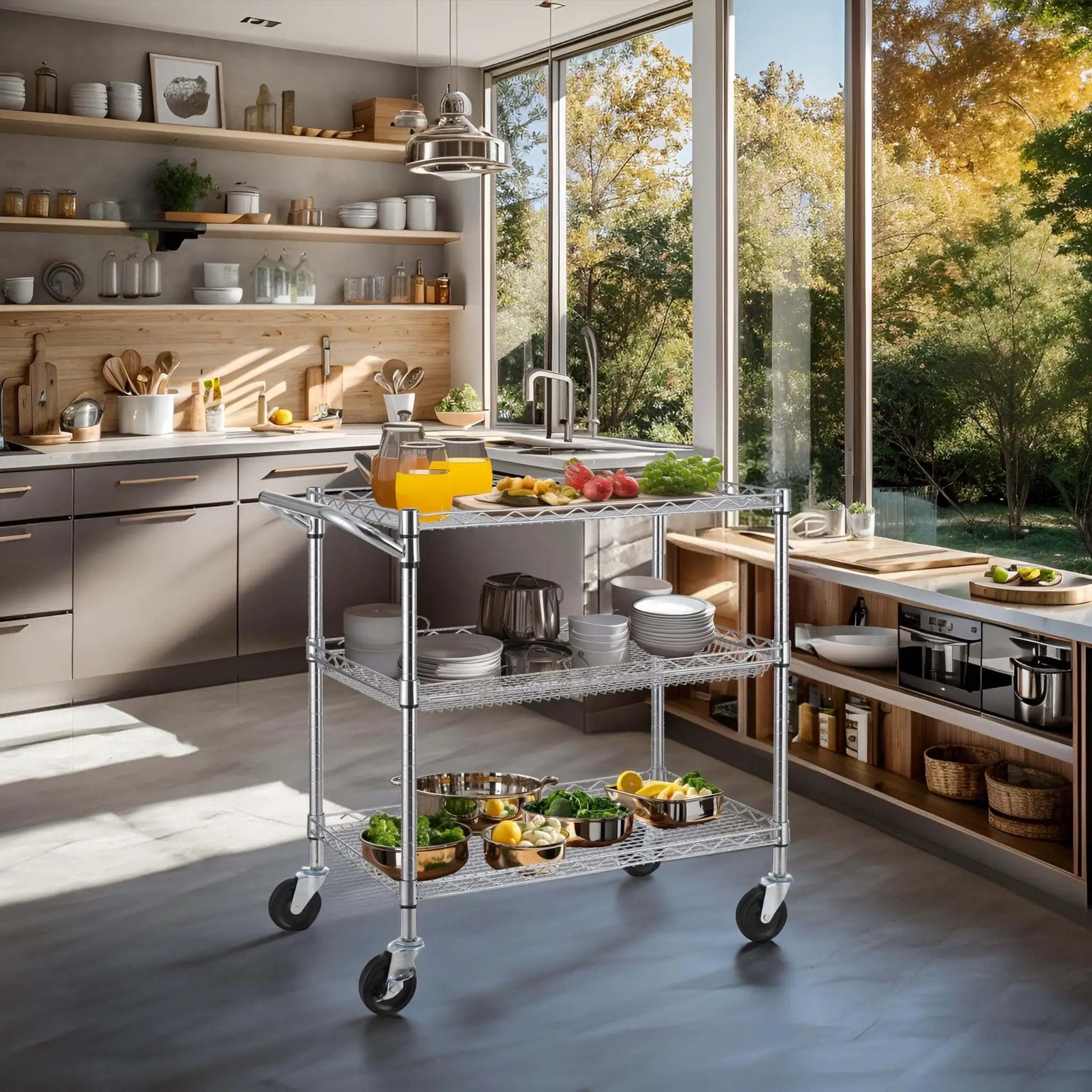 Heavy Duty Commercial Grade Utility Cart With Three Tiers And Handle Bar Steel Wire Rolling Cart With Wheels For Kitchen Workshop Or Food Storage NSF Listed Durable Plant Display Shelf Trolley Finnhomy in a kitchen setting.