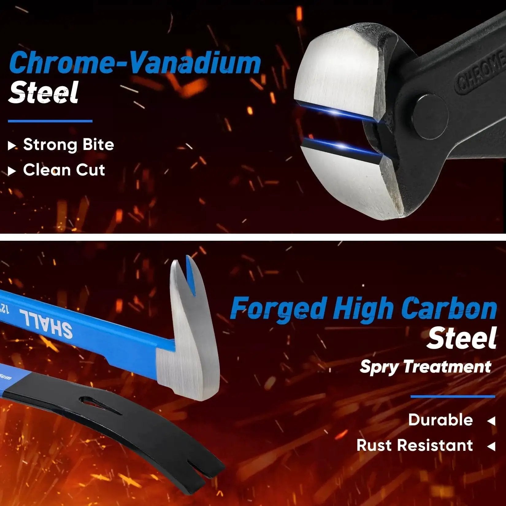Chrome-vanadium steel pry bar and high carbon steel nail puller highlighting strength and rust resistance in Versatile 4 Piece Pry Bar Set with a 12 inch cat's paw nail puller, 10 inch and 7.5 inch pry bars, and 8 inch end cutters to quickly remove nails, lift boards, and pry apart joints for baseboards and flooring projects.