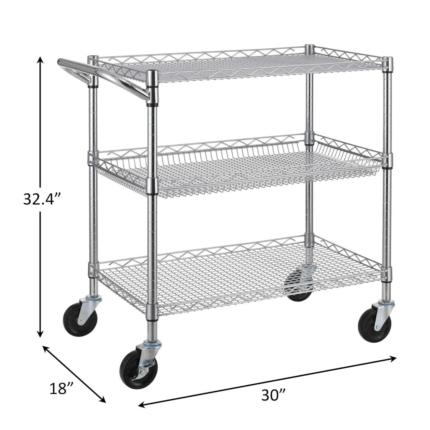 Heavy Duty Commercial Grade Utility Cart With Three Tiers And Handle Bar Steel Wire Rolling Cart With Wheels For Kitchen Workshop Or Food Storage NSF Listed Durable Plant Display Shelf Trolley Finnhomy